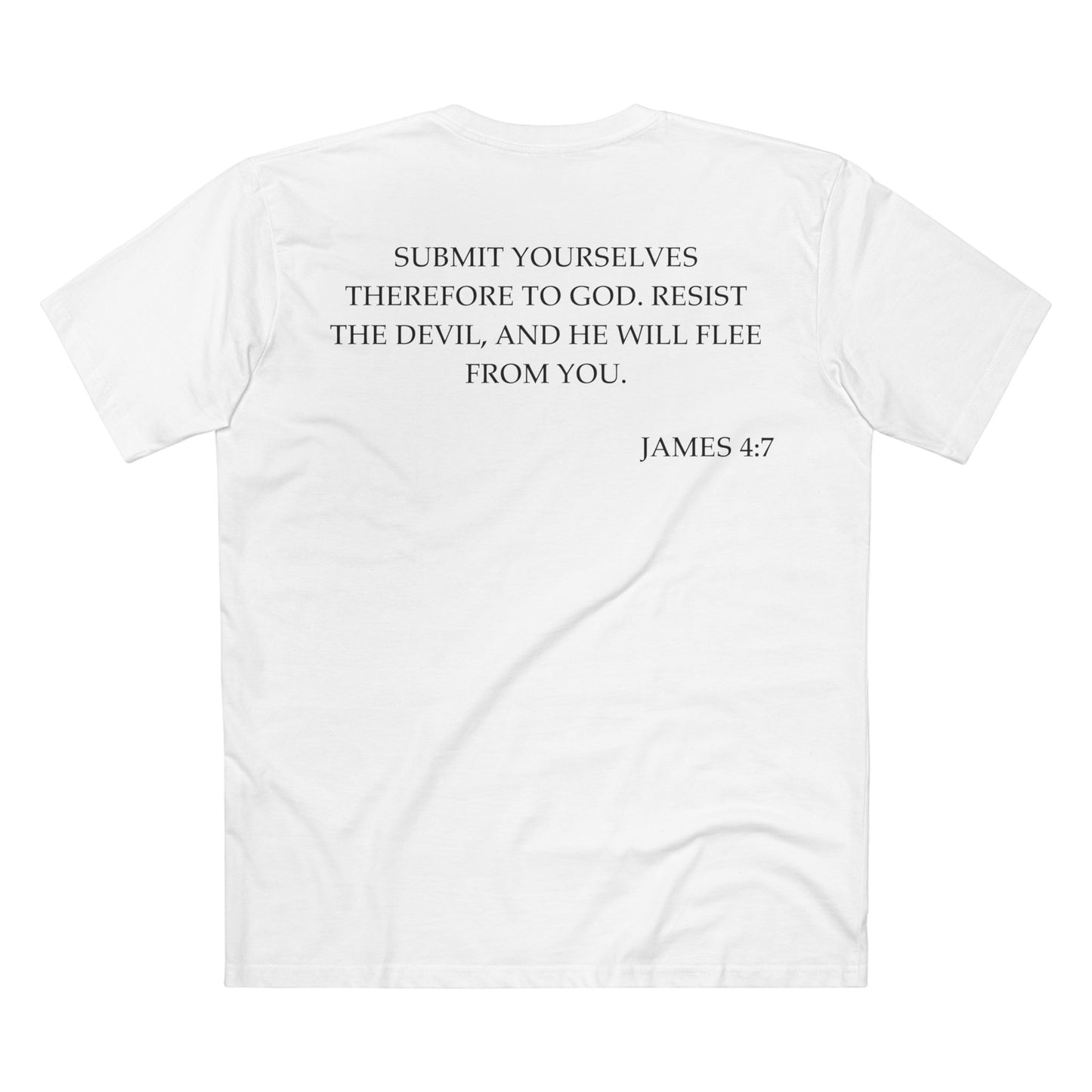 Back of Surrendered Apparel white Christian T-shirt featuring the Bible verse James 4:7 in bold text, perfect for sharing faith and Jesus