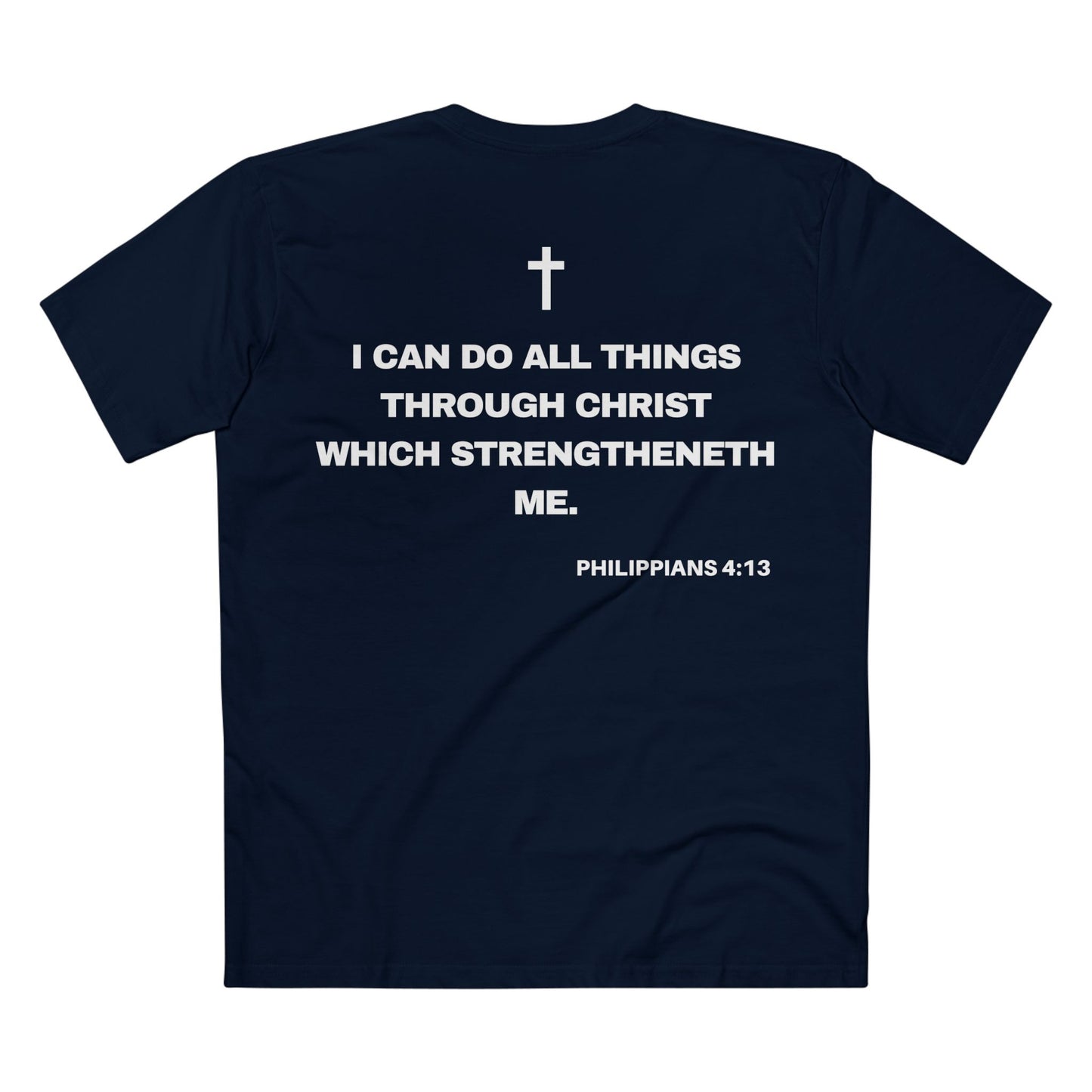 Back of Surrendered Apparel navy Christian T-shirt featuring the Bible verse Philippians 4:13 in bold text, cross on top, perfect for sharing faith and Jesus