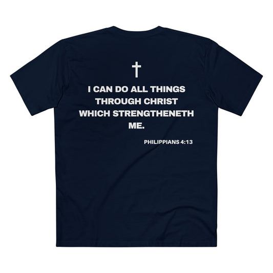 Back of Surrendered Apparel navy Christian T-shirt featuring the Bible verse Philippians 4:13 in bold text, cross on top, perfect for sharing faith and Jesus