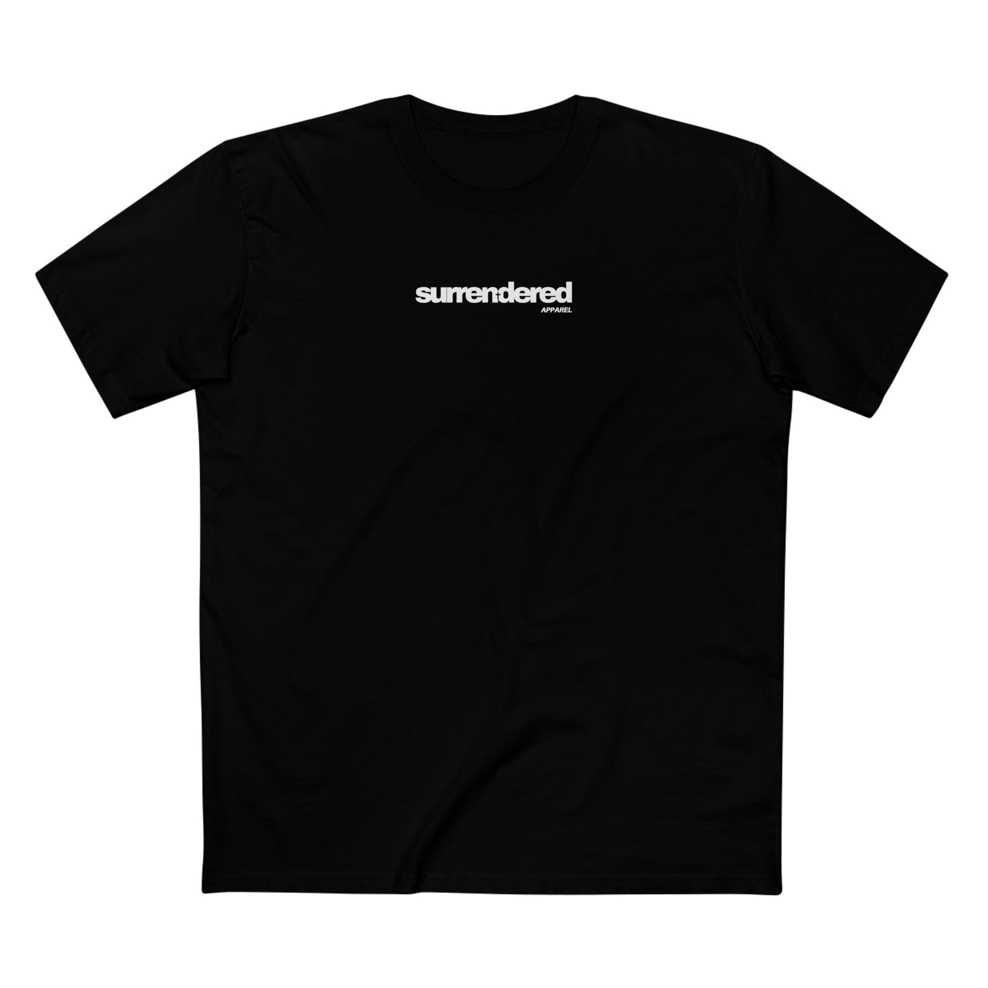 Surrendered Apparel black Christian T-shirt featuring the Surrendered apparel logo in white