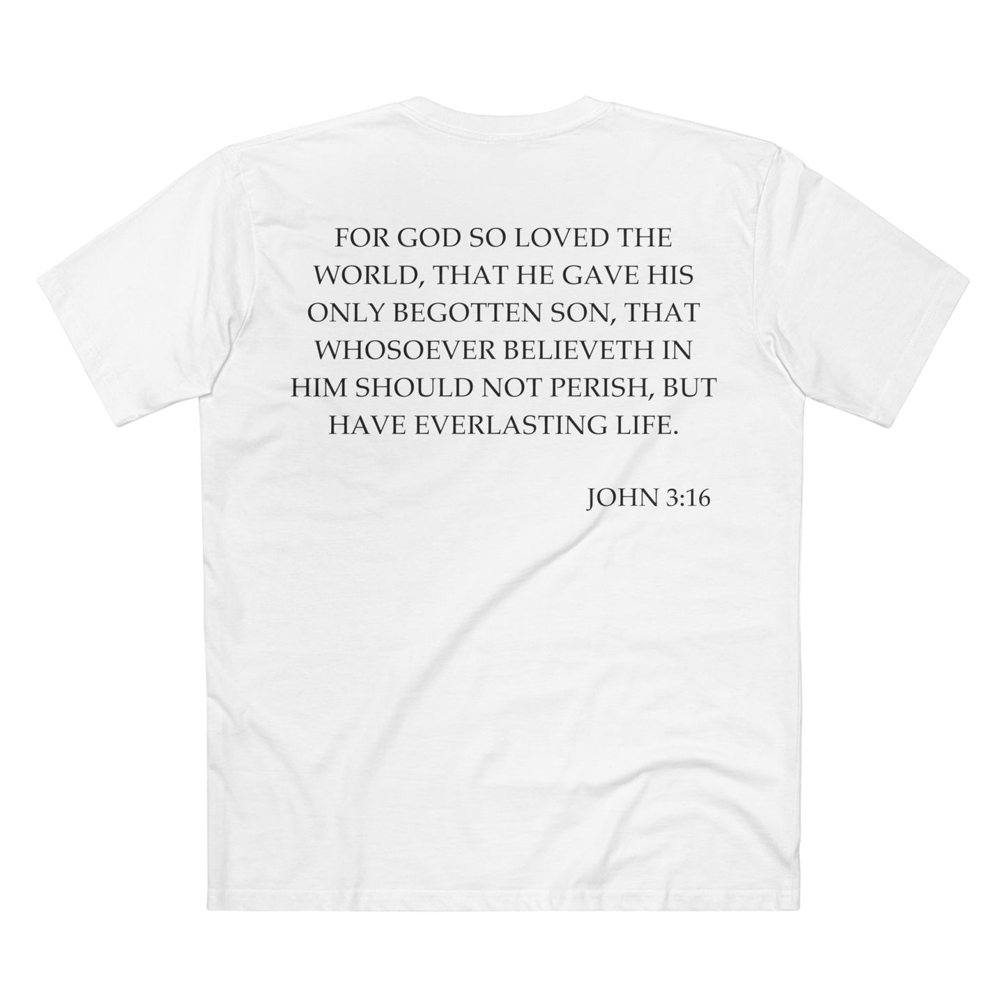 Back of Surrendered Apparel white Christian T-shirt featuring the Bible verse John 3:16 in bold text, perfect for sharing faith and Jesus