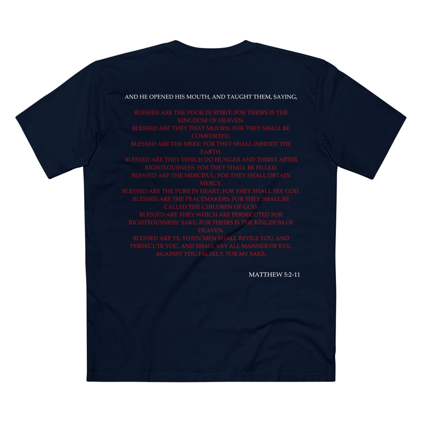 Back of Surrendered Apparel navy Christian T-shirt featuring the Bible verse Matthew 5:2-11 in bold text, perfect for sharing faith and Jesus