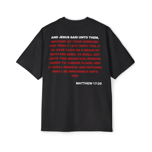 Back of Surrendered Apparel black oversized Christian T-shirt featuring the Bible verse Matthew 17:20 in bold text, providing a cozy fit perfect for cooler days and sharing faith.