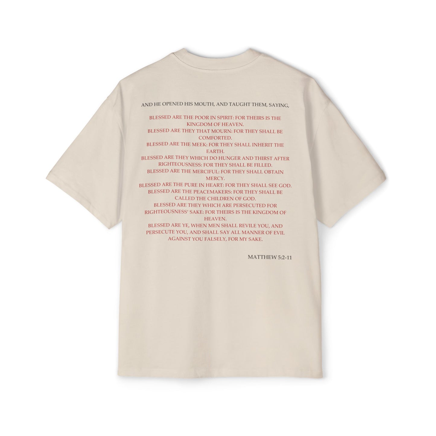 Back of Surrendered Apparel cream oversized Christian T-shirt featuring the Bible verse Matthew 5:2-11 in bold black and red text, providing a cozy fit perfect for cooler days and sharing faith