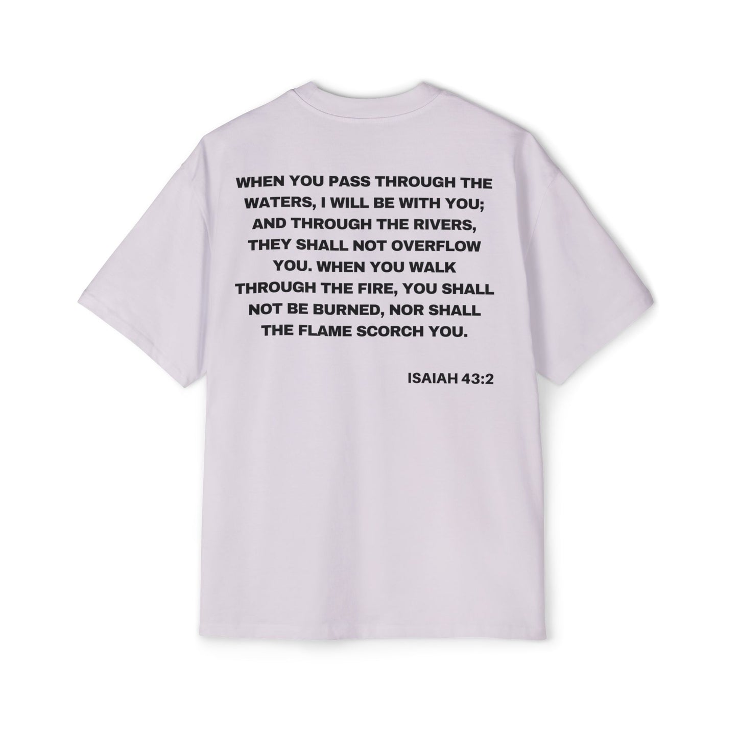 Back of Surrendered Apparel lavender oversized Christian T-shirt featuring the Bible verse Isaiah 43:2 in bold text, providing a cozy fit perfect for cooler days and sharing faith