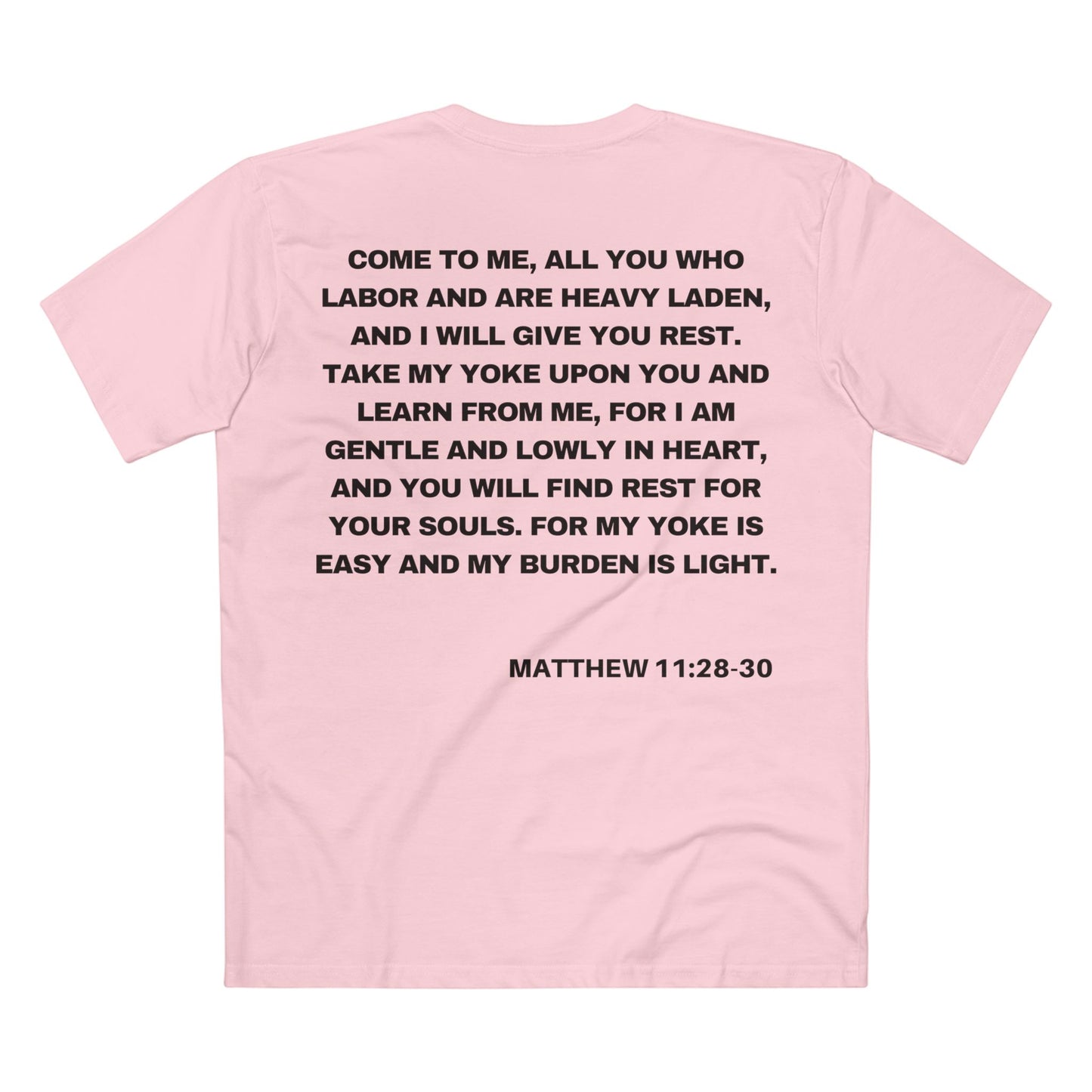 Back of Surrendered Apparel pink Christian T-shirt featuring the Bible verse Matthew 11:28-30 in bold text, perfect for sharing faith and Jesus