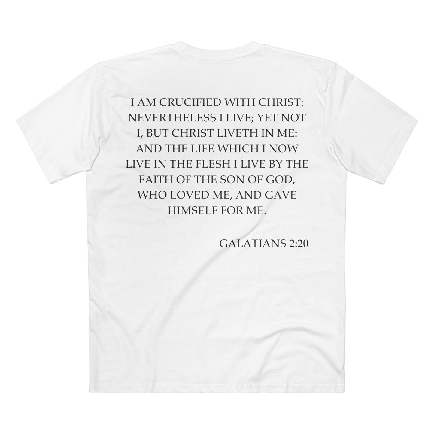 Back of Surrendered Apparel white Christian T-shirt featuring the Bible verse Galatians 2:20 in bold black text, perfect for sharing faith and Jesus