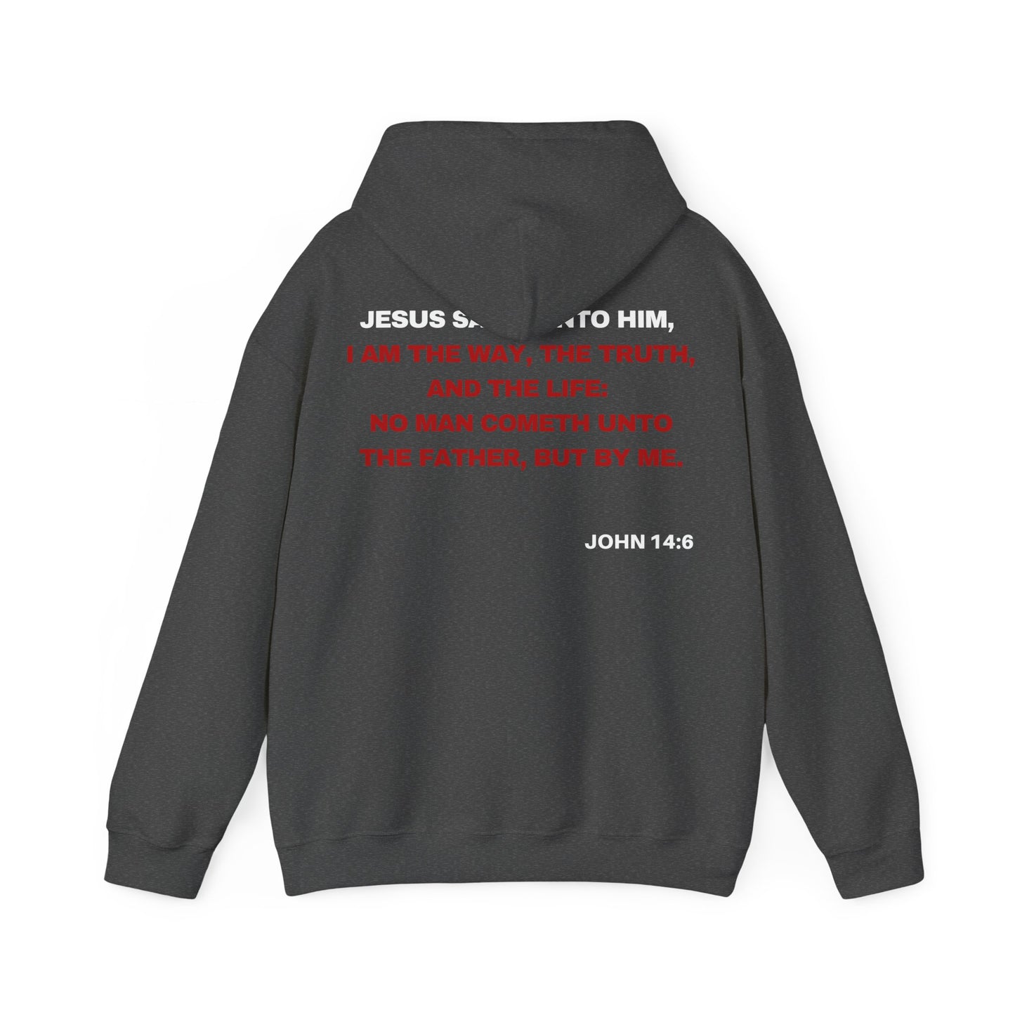 Back of Surrendered Apparel white Christian hoodie featuring the grey verse John 14:6 in bold text, with a comfortable fit, perfect for sharing Jesus and staying warm on chilly days