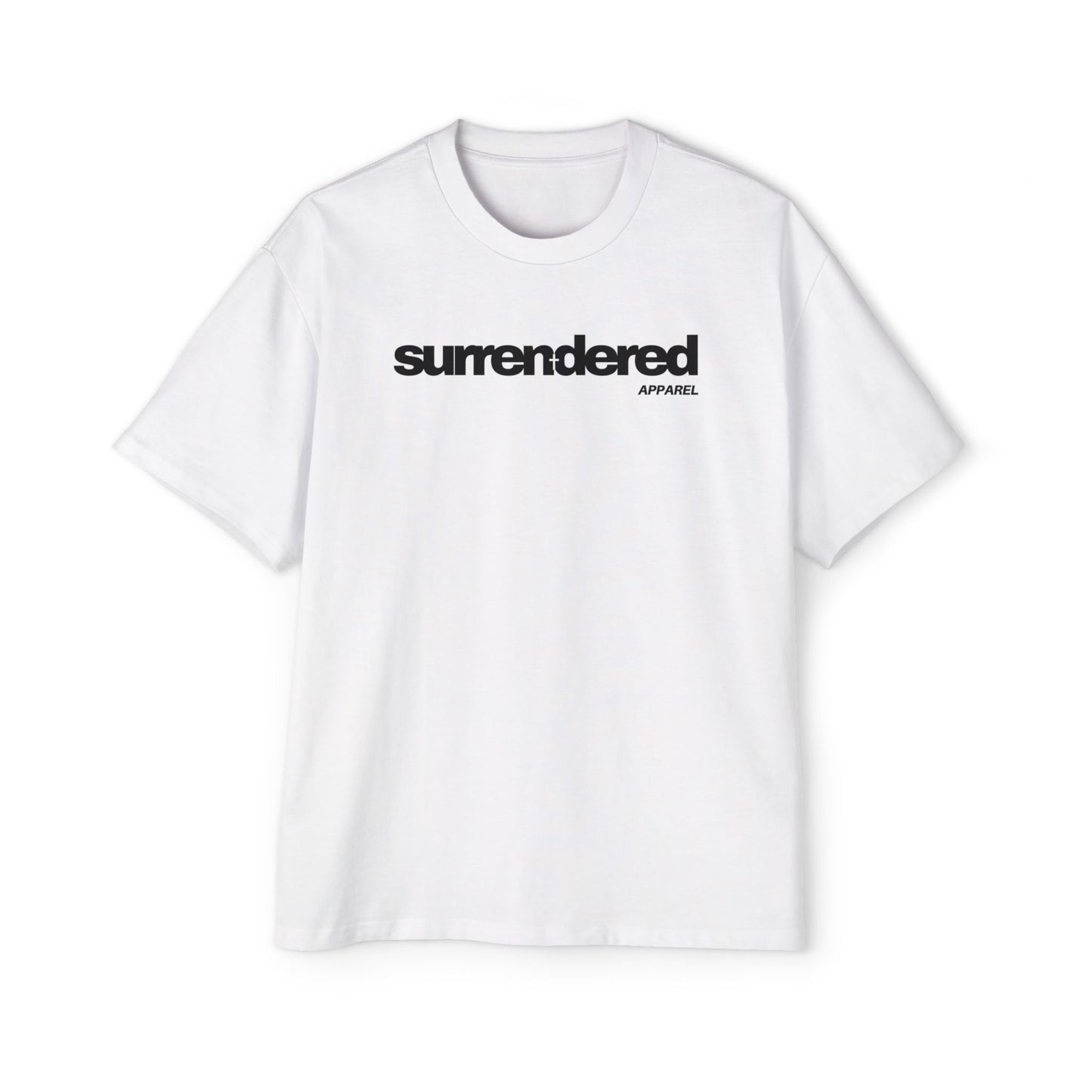 White Surrendered Apparel shirt. Surrendered apparel logo written across chest in black. Oversized style for a comfy fit