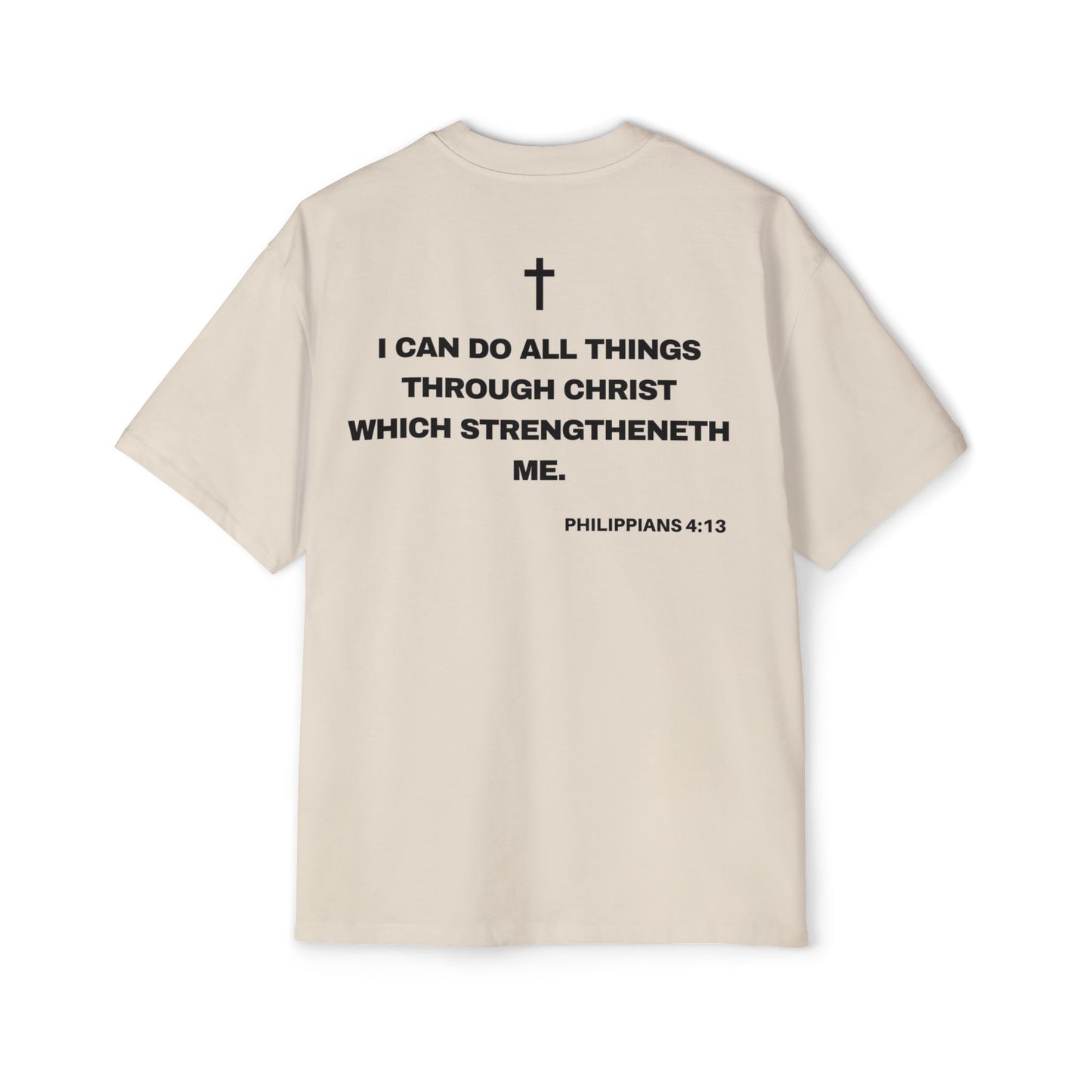 Back of Surrendered Apparel cream oversized Christian T-shirt featuring the Bible verse Philippians 4:13 in bold text, cross on top, providing a cozy fit perfect for cooler days and sharing faith