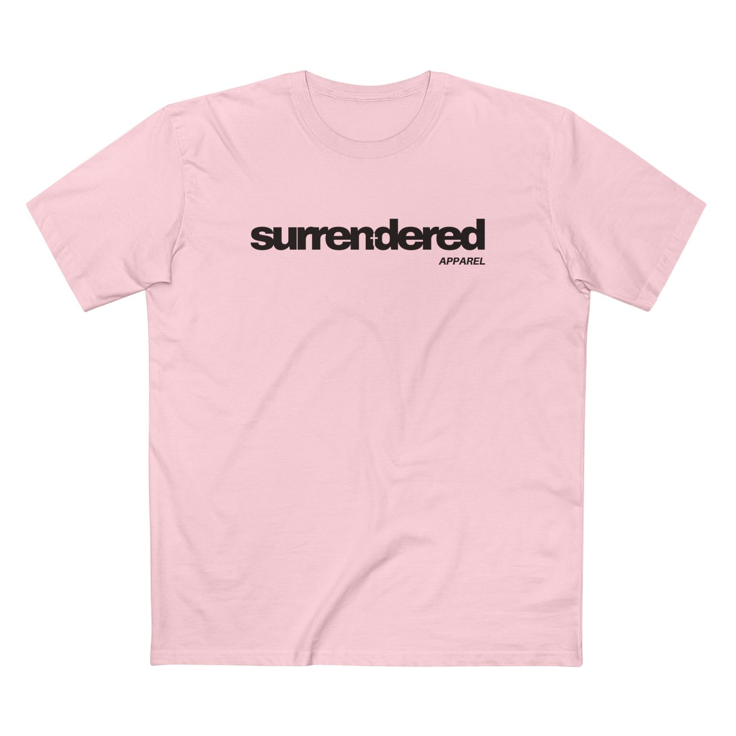 Surrendered Apparel pink Christian T-shirt featuring Surrendered apparel logo in black. 