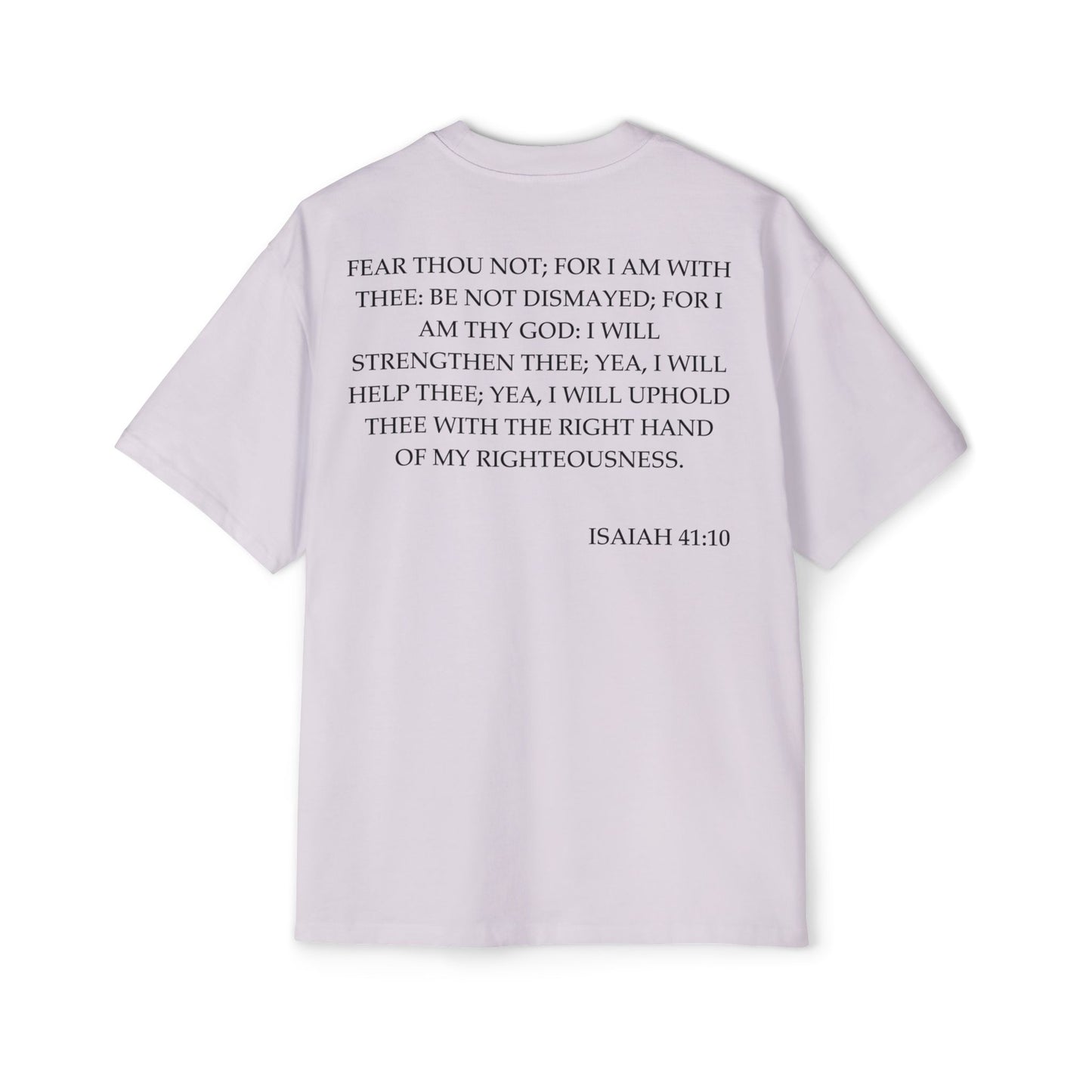 Back of Surrendered Apparel lavender oversized Christian T-shirt featuring the Bible verse Isaiah 41:10 in bold black text, providing a cozy fit perfect for cooler days and sharing faith.