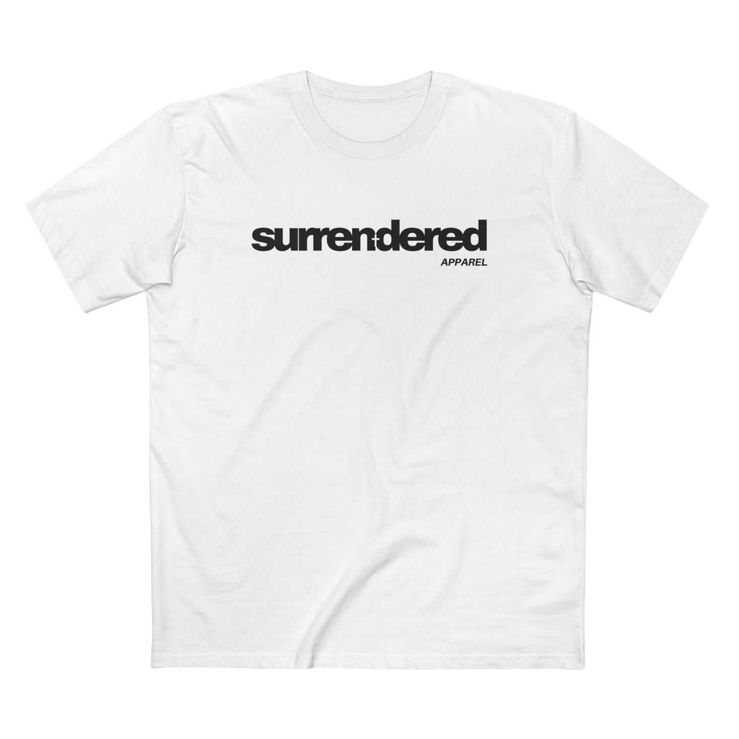 Surrendered Apparel white Christian T-shirt featuring Surrendered apparel logo in black. 