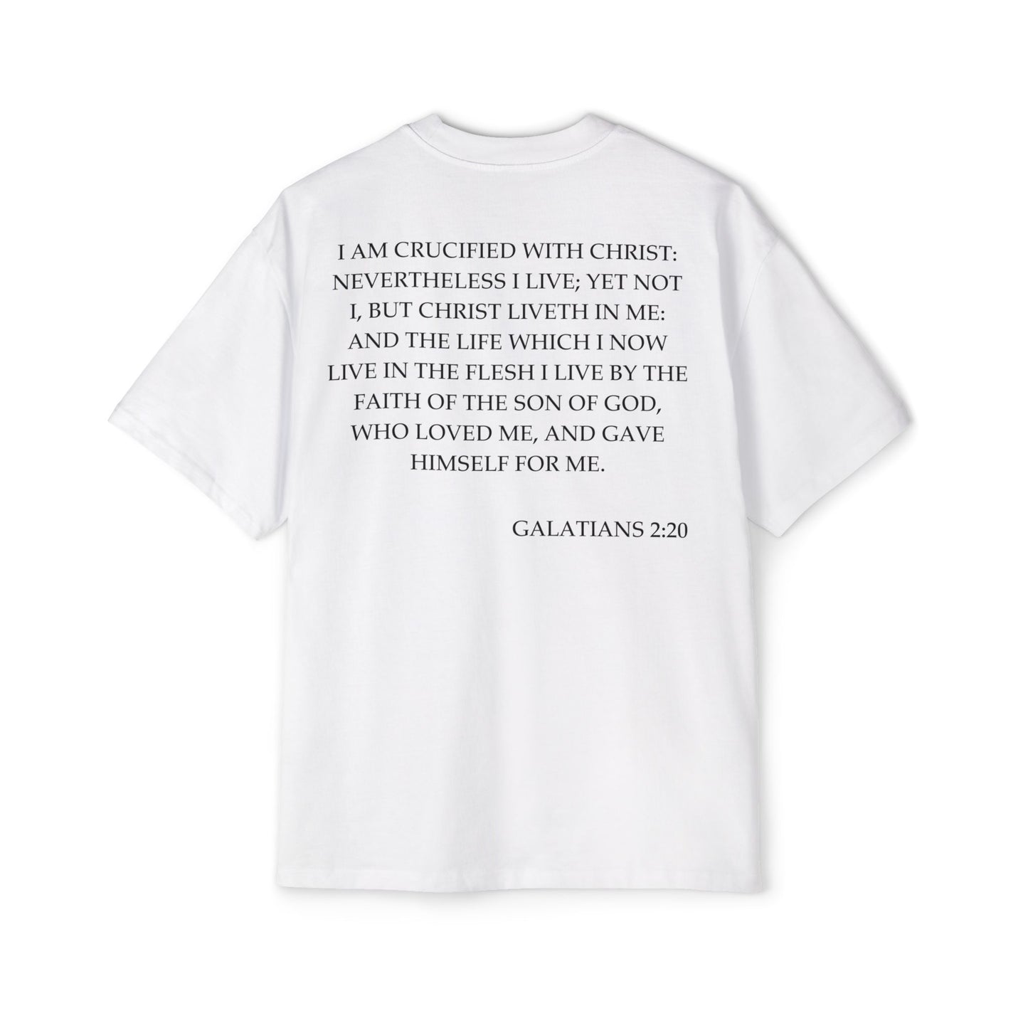 Back of Surrendered Apparel white oversized Christian T-shirt featuring the Bible verse Galatians 2:20 in bold black text, providing a cozy fit perfect for cooler days and sharing faith