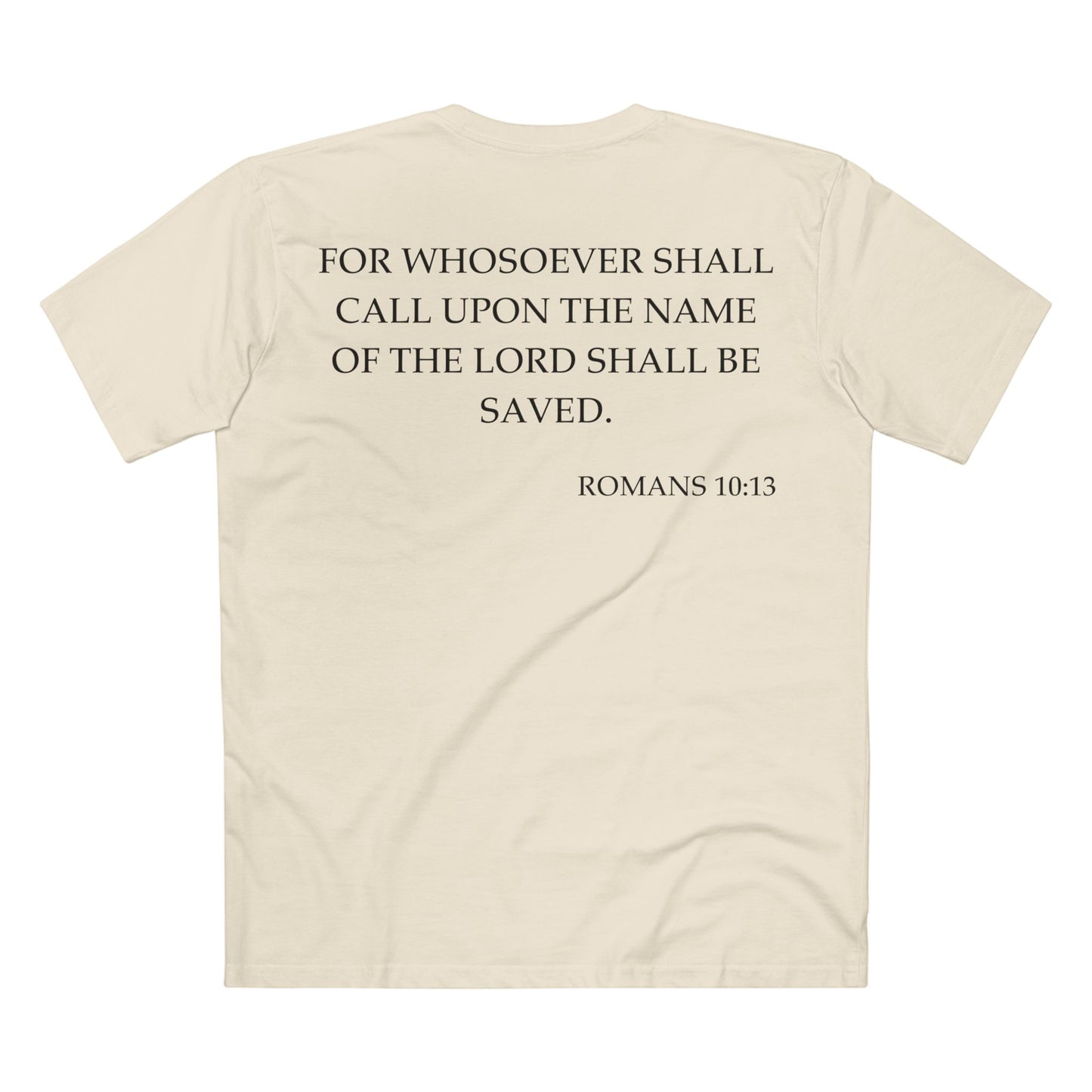 Back of Surrendered Apparel cream Christian T-shirt featuring the Bible verse Romans 10:13 in bold text, perfect for sharing faith and Jesus