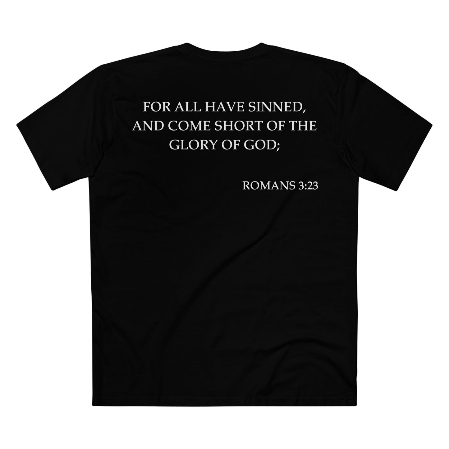 Back of Surrendered Apparel black Christian T-shirt featuring the Bible verse Romans 3:23 in bold text, perfect for sharing faith and Jesus