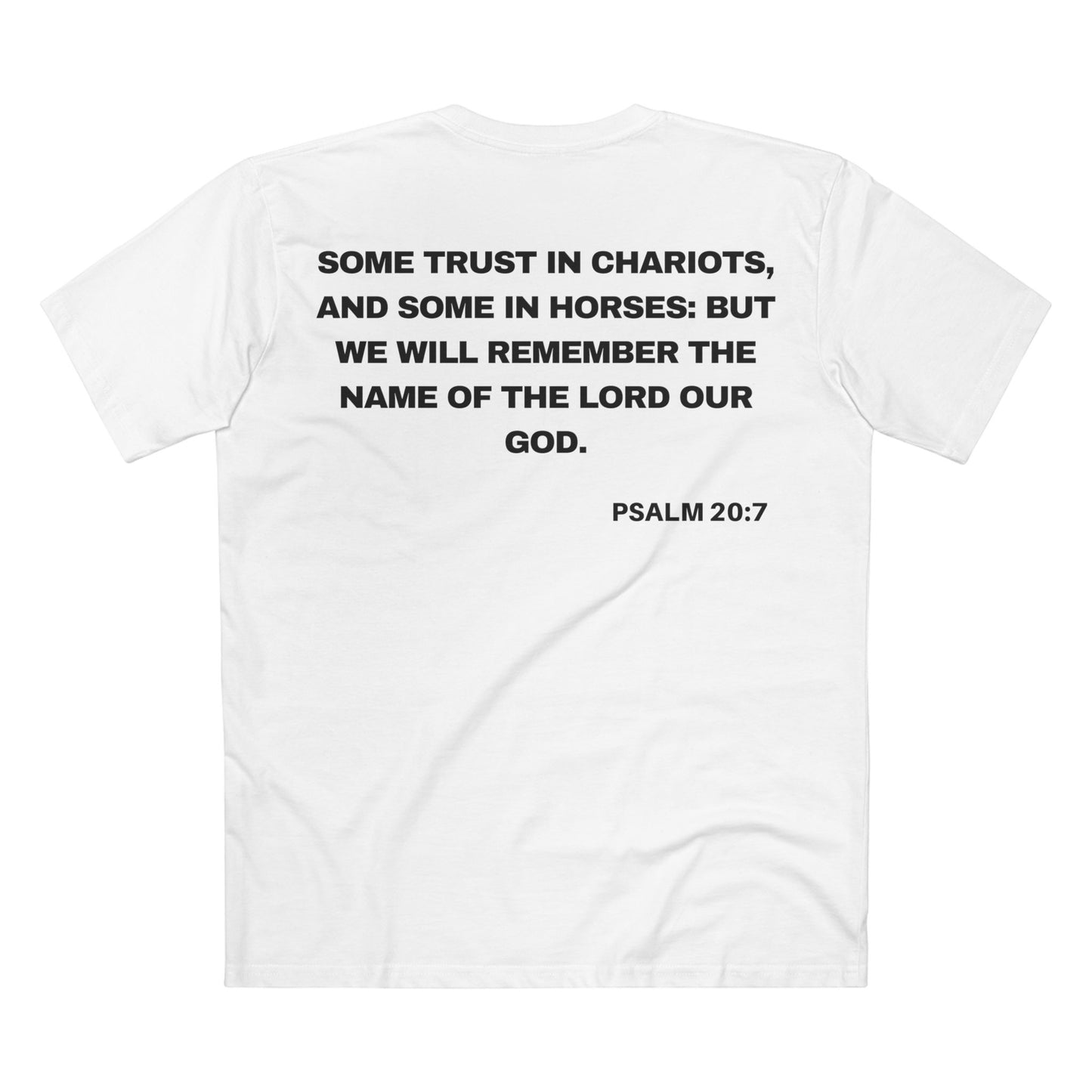 Back of Surrendered Apparel white Christian T-shirt featuring the Bible verse psalm 20:7 in bold text, perfect for sharing faith and Jesus