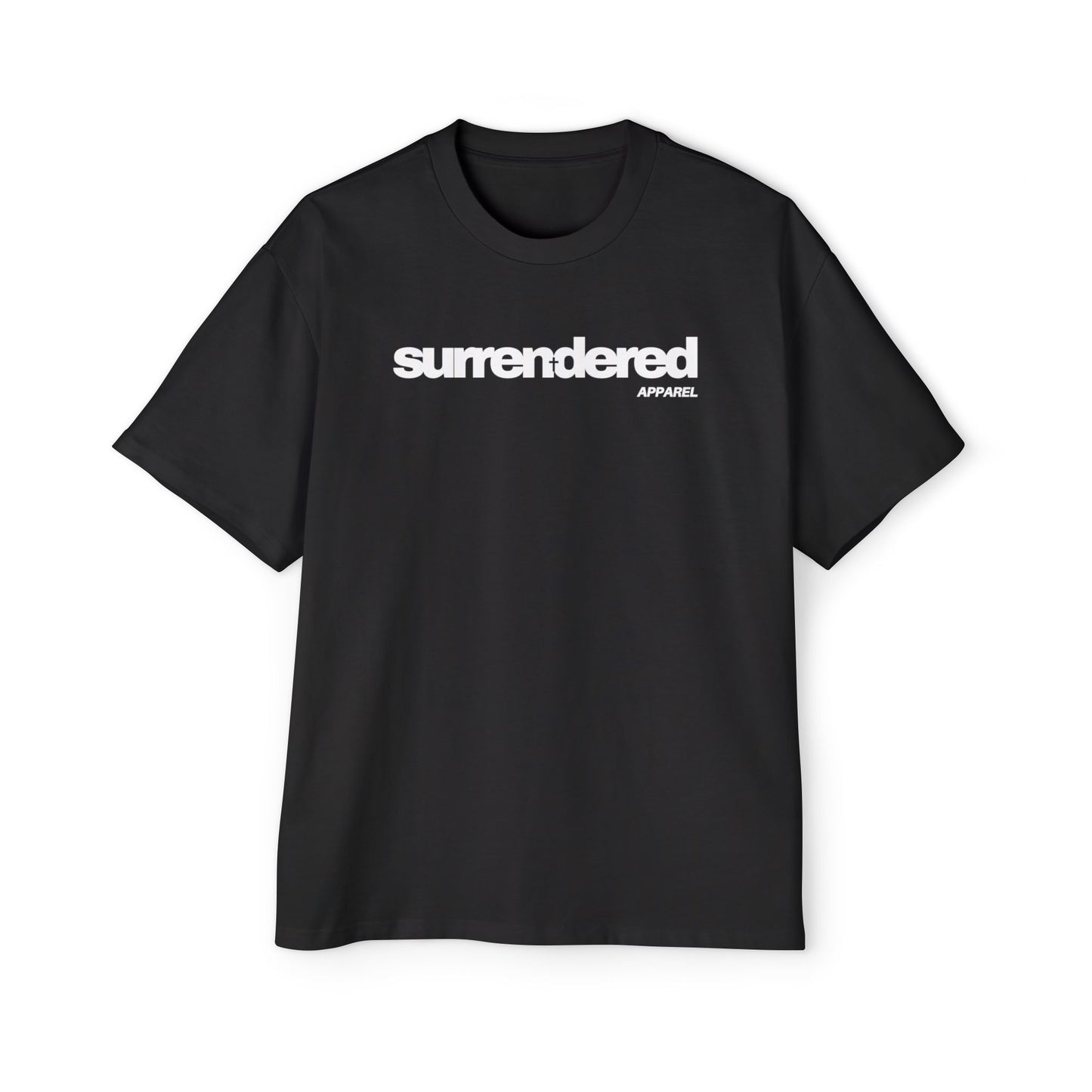 Black Surrendered Apparel shirt. Surrendered apparel logo written across chest in white. Oversized style for a comfy fit