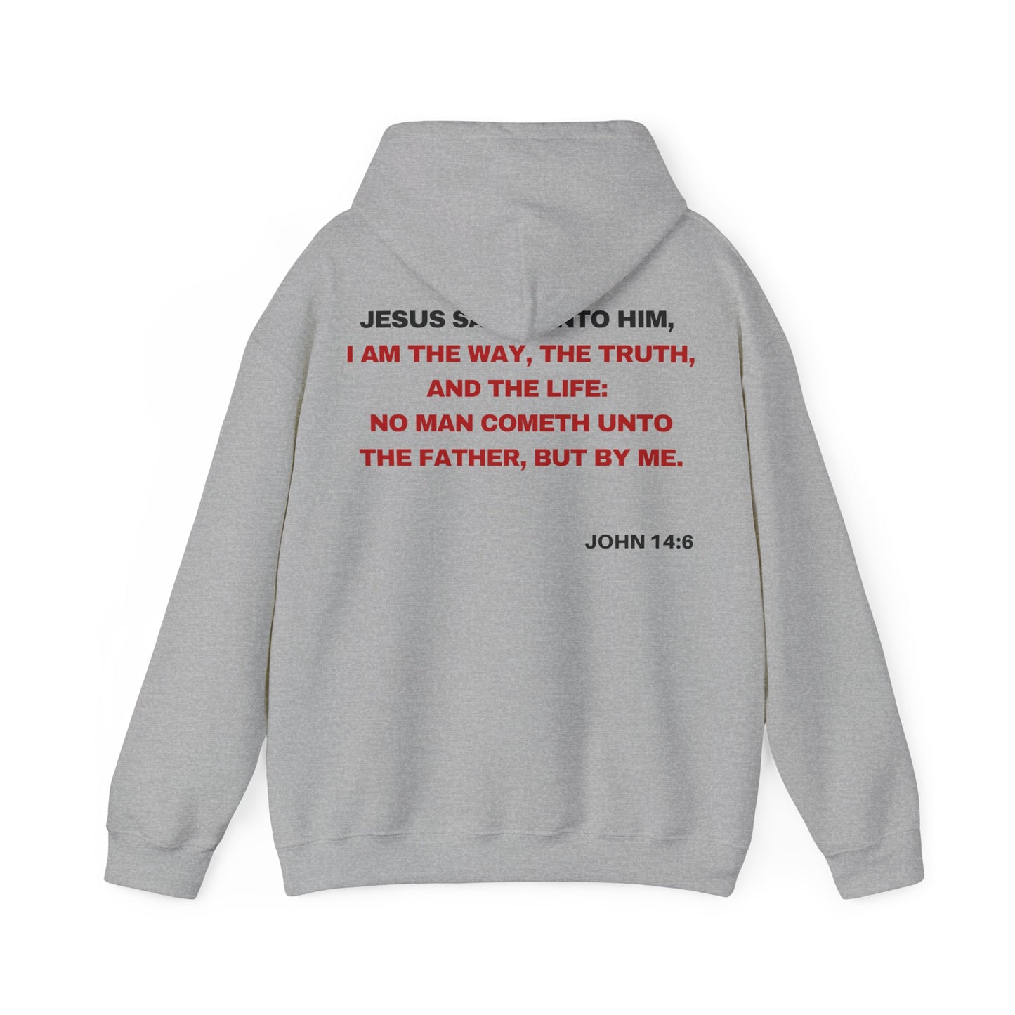 Back of Surrendered Apparel light grey Christian hoodie featuring the Bible verse John 14:6 in bold text, with a comfortable fit, perfect for sharing Jesus and staying warm on chilly days