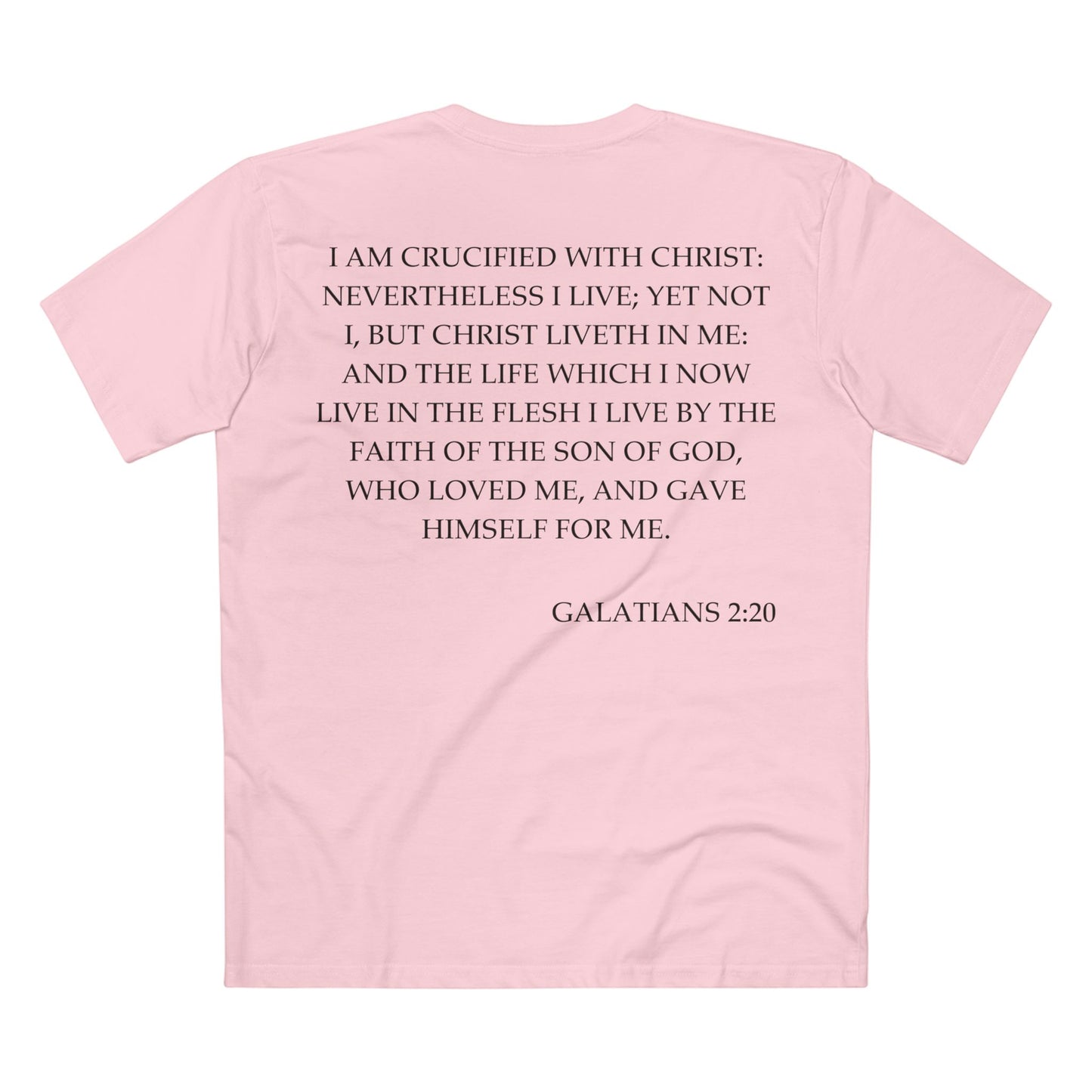 Back of Surrendered Apparel pink Christian T-shirt featuring the Bible verse Galatians 2:20 in bold black text, perfect for sharing faith and Jesus