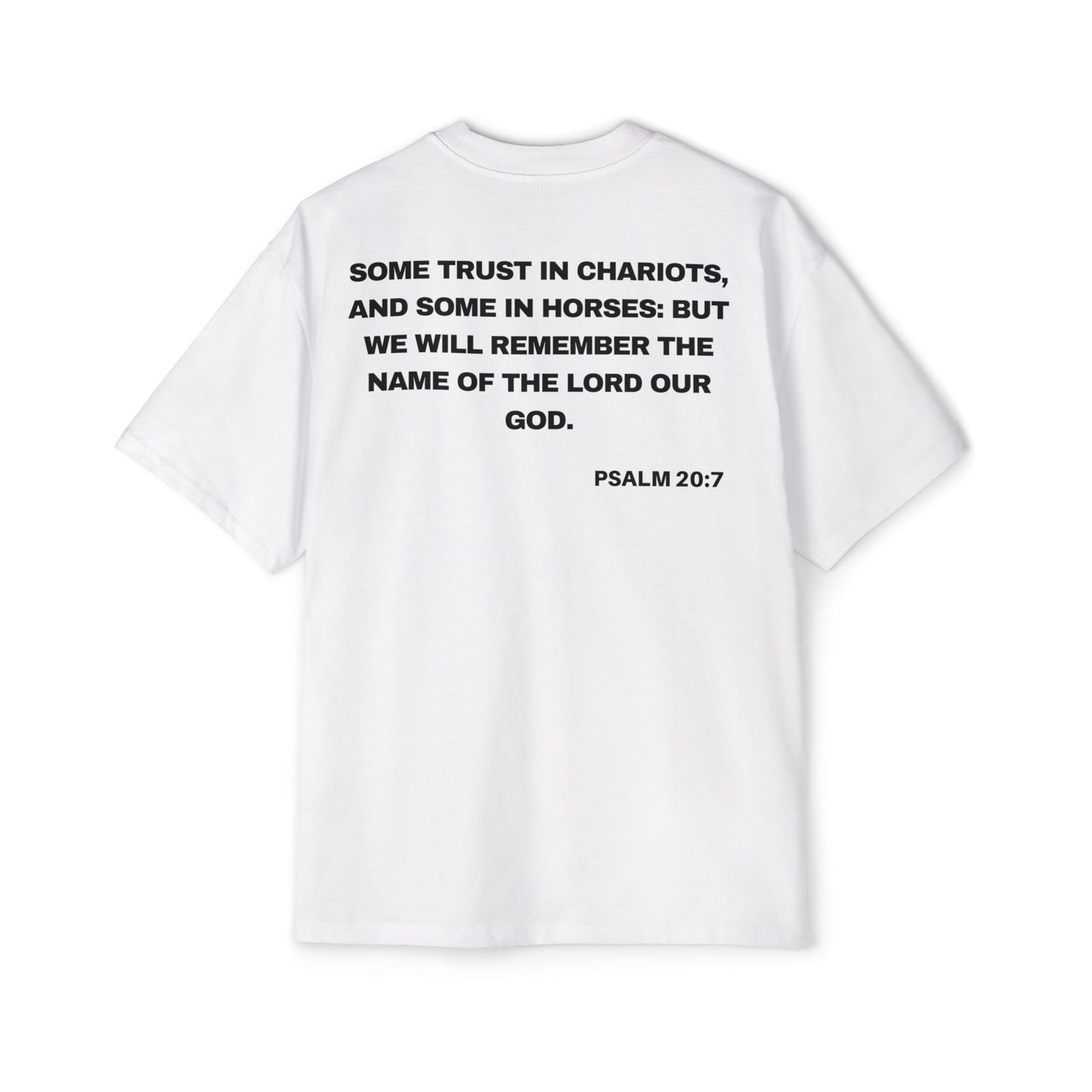 Back of Surrendered Apparel white oversized Christian T-shirt featuring the Bible verse Psalm 20:7 in bold text, providing a cozy fit perfect for cooler days and sharing faith.