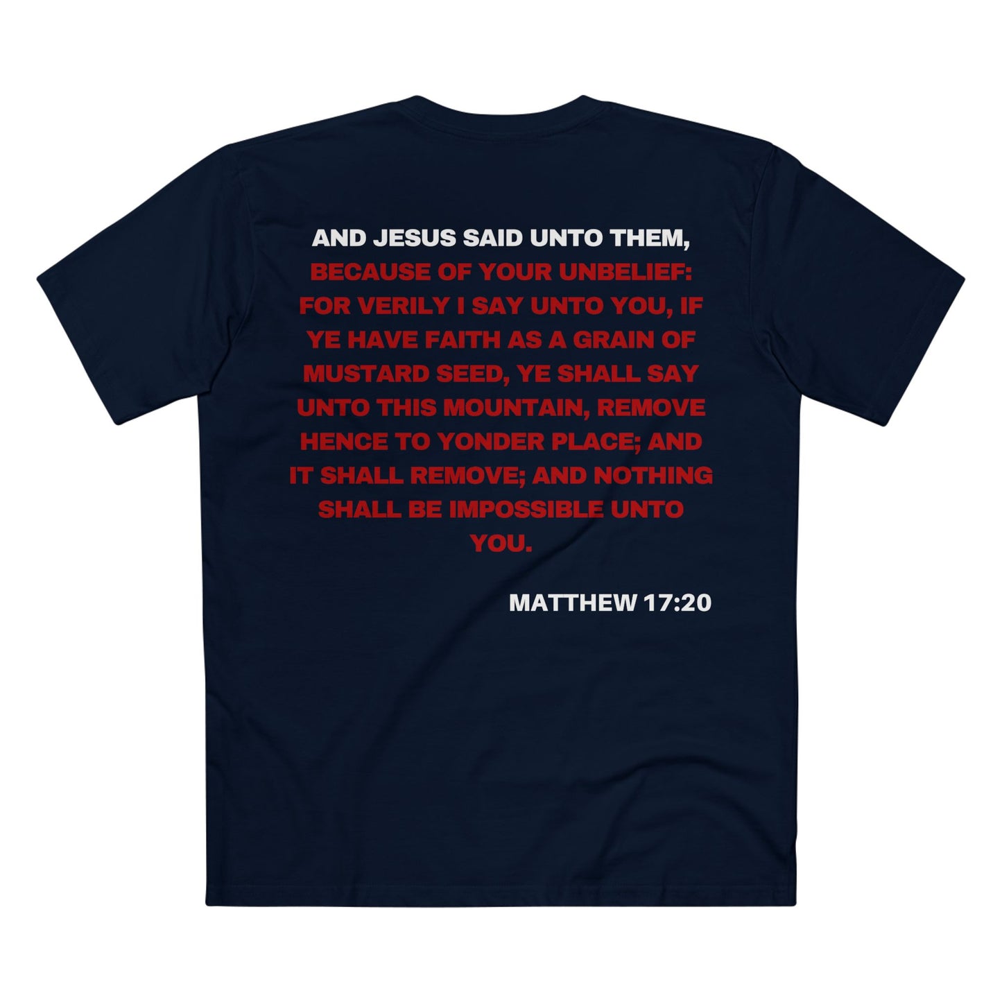 Back of Surrendered Apparel navy Christian T-shirt featuring the Bible verse Matthew 17:20 in bold text, perfect for sharing faith and Jesus