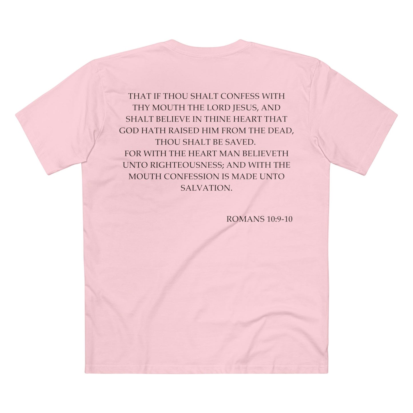 Back of Surrendered Apparel Pink Christian T-shirt featuring the Bible verse Romans 10:9-10 in bold text, perfect for sharing faith and Jesus