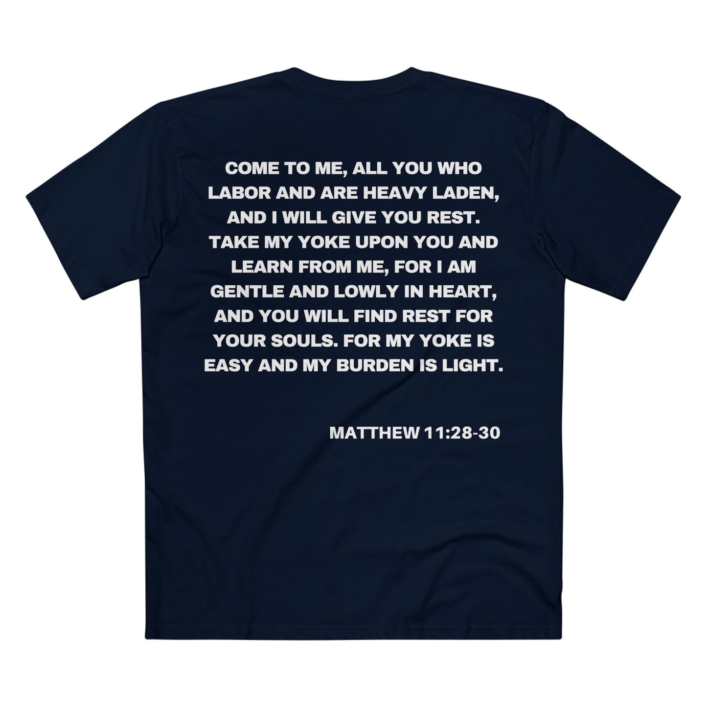 Back of Surrendered Apparel navy Christian T-shirt featuring the Bible verse Matthew 11:28-30 in bold text, perfect for sharing faith and Jesus