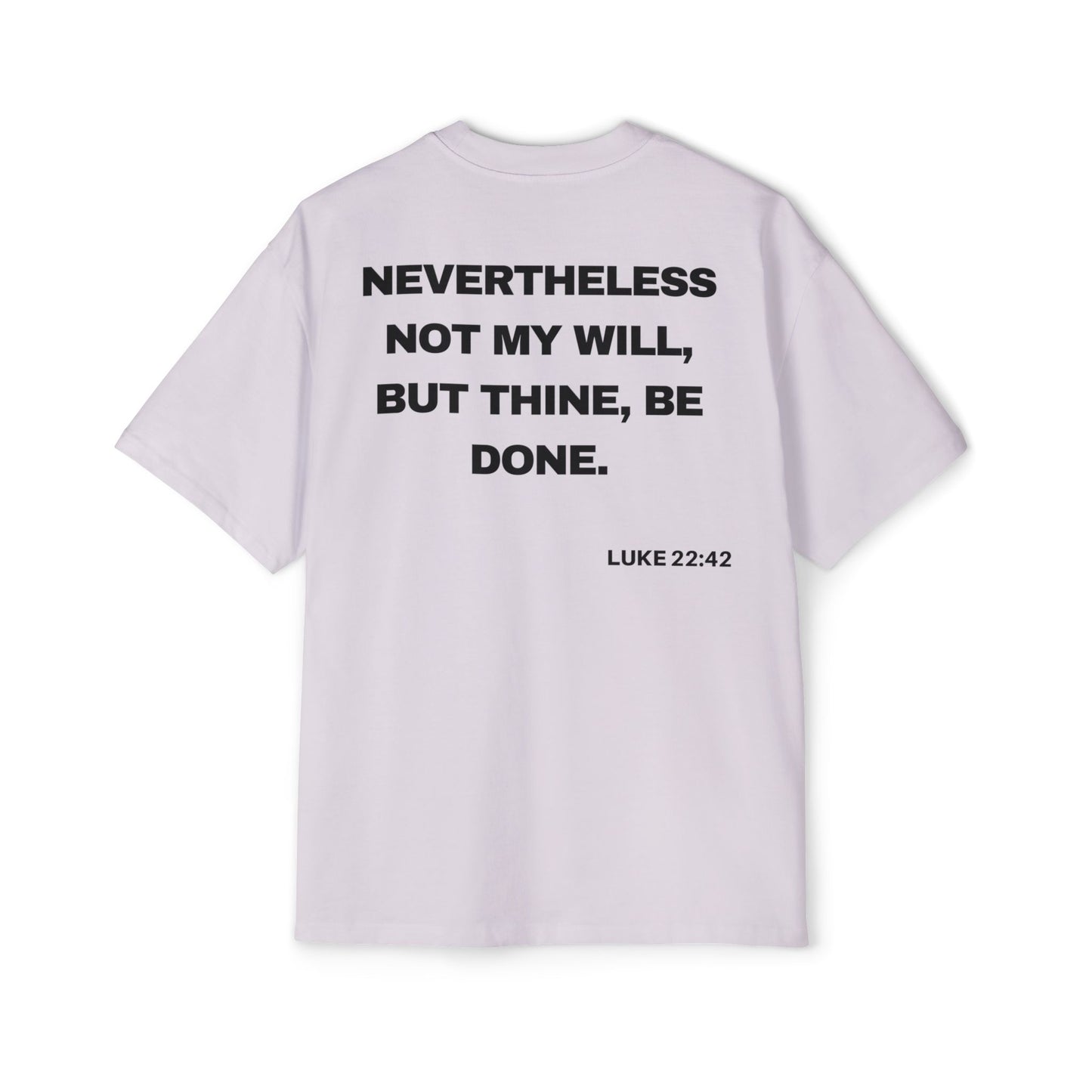 Back of Surrendered Apparel lavender oversized Christian T-shirt featuring the Bible verse Luke 22:42 in bold black text, providing a cozy fit perfect for cooler days and sharing faith.