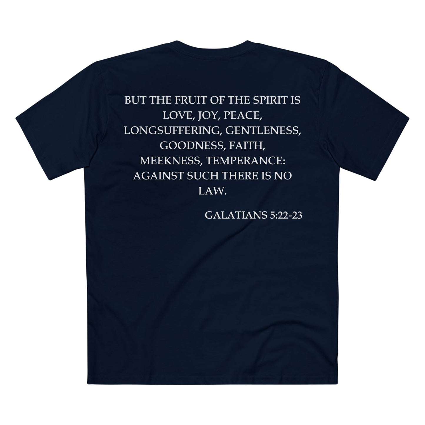 Back of Surrendered Apparel navy Christian T-shirt featuring the Bible verse Galatians 5:22-23 in bold text, perfect for sharing faith and Jesus