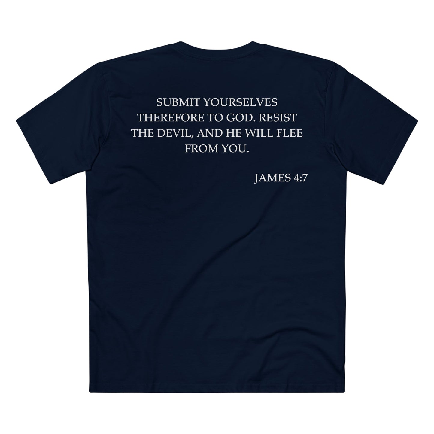 Back of Surrendered Apparel navy Christian T-shirt featuring the Bible verse James 4:7 in bold text, perfect for sharing faith and Jesus