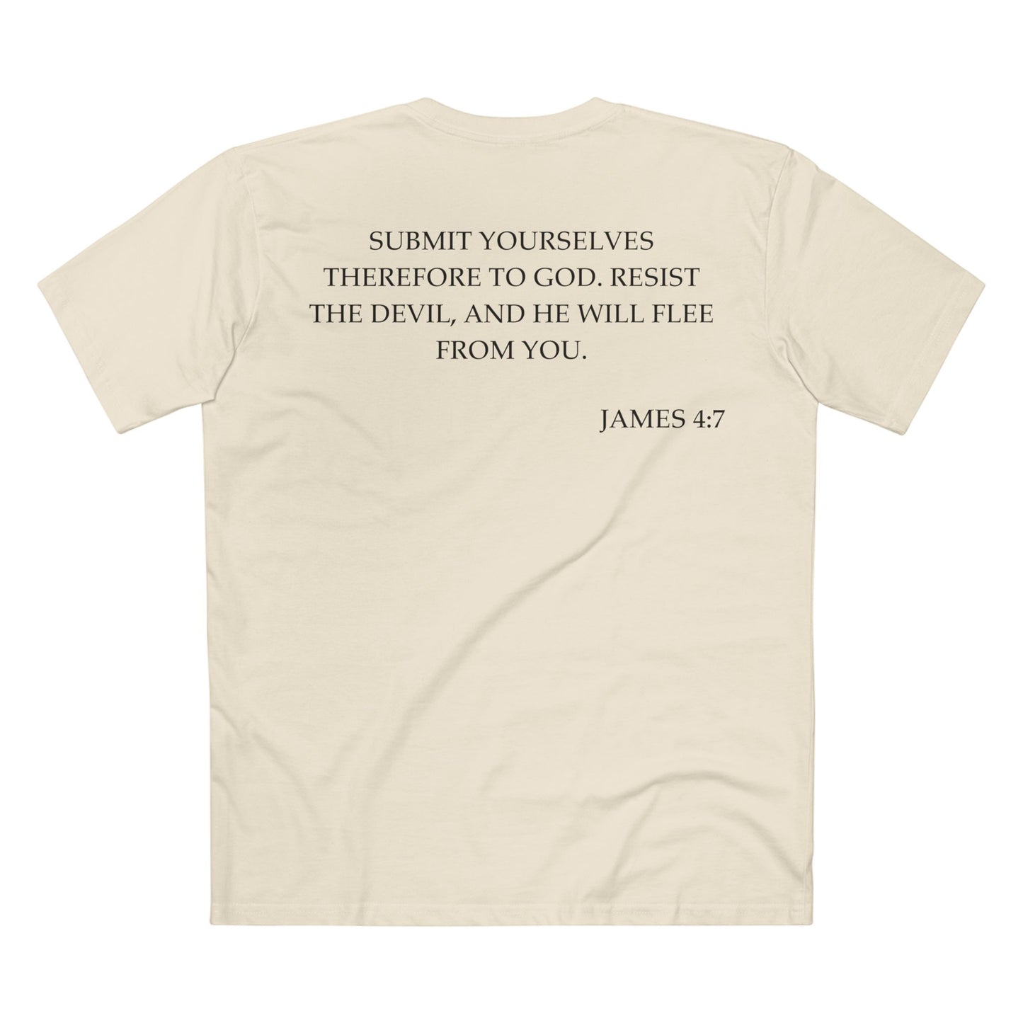 Back of Surrendered Apparel cream Christian T-shirt featuring the Bible verse James 4:7 in bold text, perfect for sharing faith and Jesus