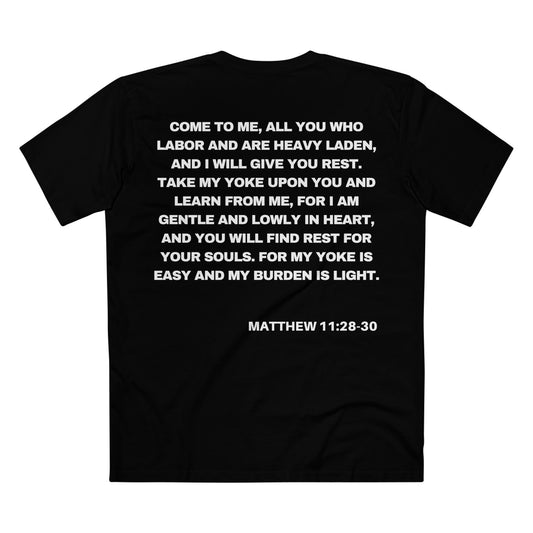 Back of Surrendered Apparel black Christian T-shirt featuring the Bible verse Matthew 11:28-30 in bold text, perfect for sharing faith and Jesus