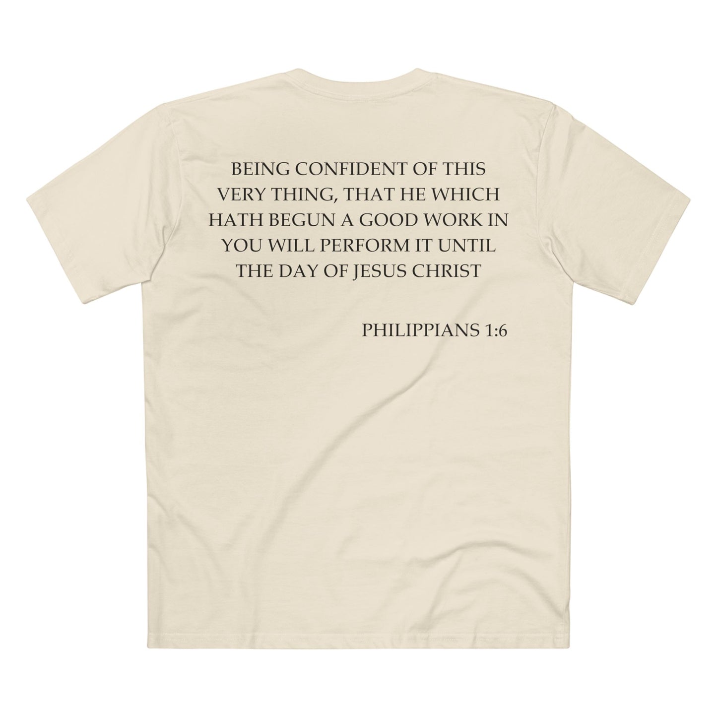 Back of Surrendered Apparel cream Christian T-shirt featuring the Bible verse Philippians 1:6 in bold text, perfect for sharing faith and Jesus