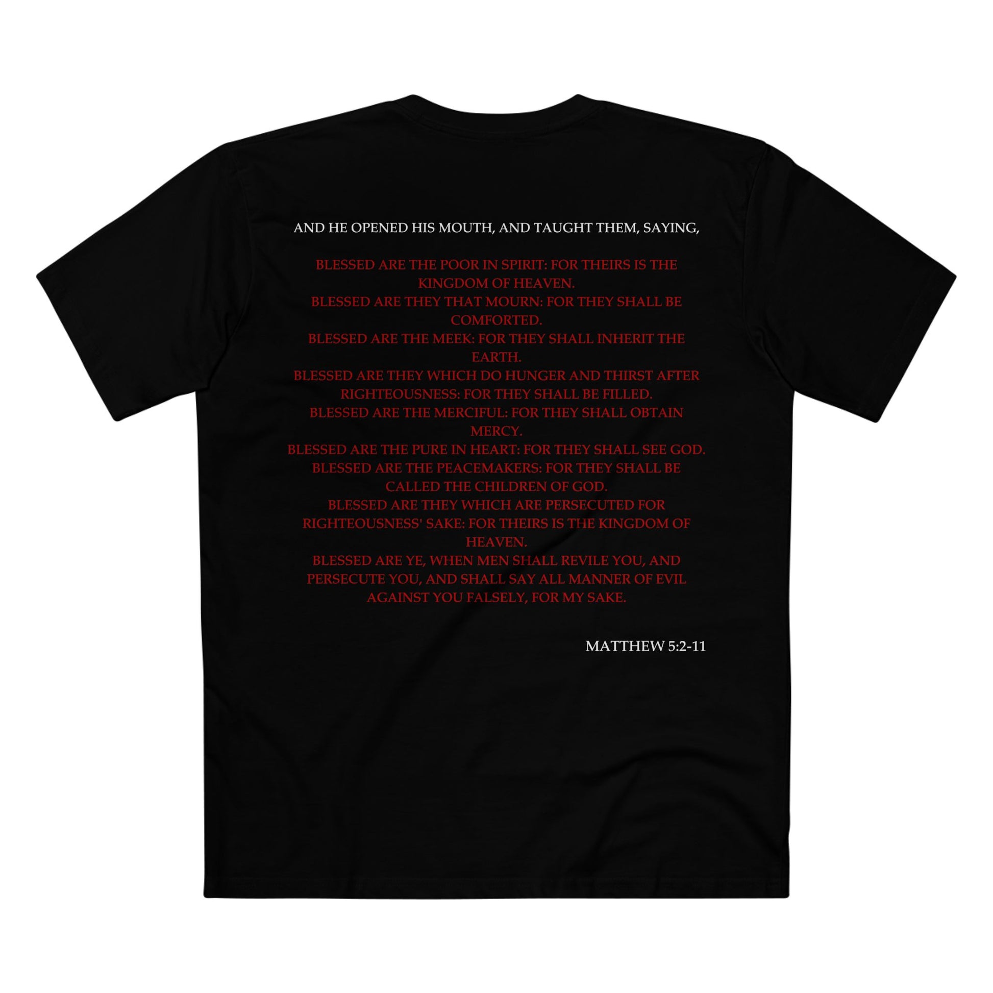 Back of Surrendered Apparel black Christian T-shirt featuring the Bible verse Matthew 5:2-11 in bold text, perfect for sharing faith and Jesus