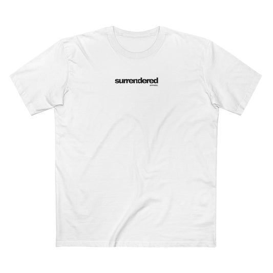 Surrendered Apparel white Christian T-shirt featuring the Surrendered apparel logo in black