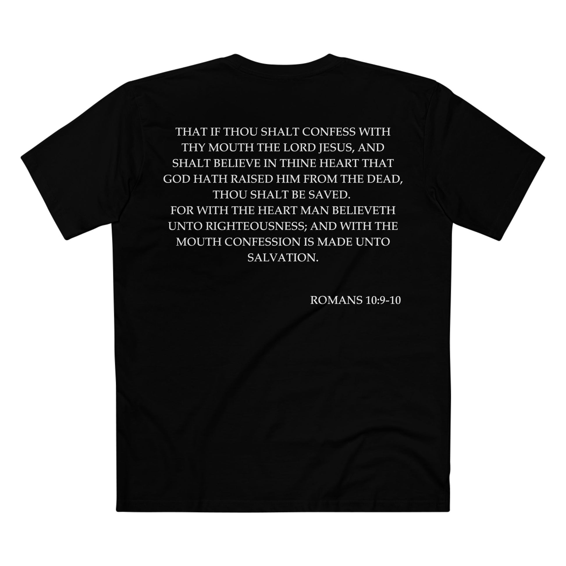 Back of Surrendered Apparel black Christian T-shirt featuring the Bible verse Romans 10:9-10 in bold text, perfect for sharing faith and Jesus