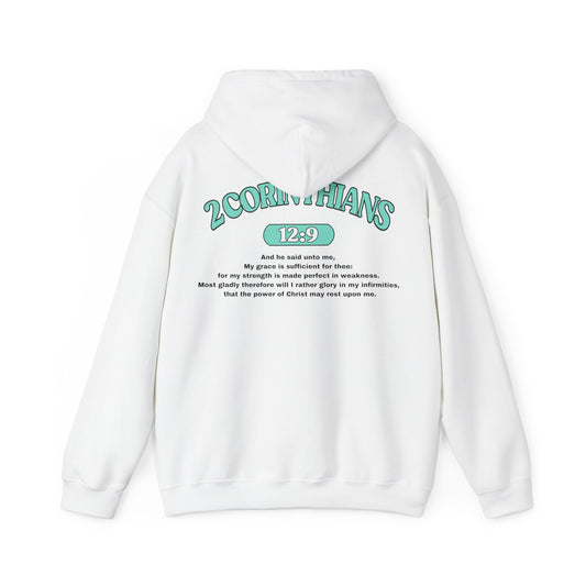 Back of Surrendered Apparel white Christian hoodie featuring the Bible verse 2 Corinthians 12:9 in bold teal and black text, with a comfortable fit, perfect for sharing Jesus and staying warm on chilly days