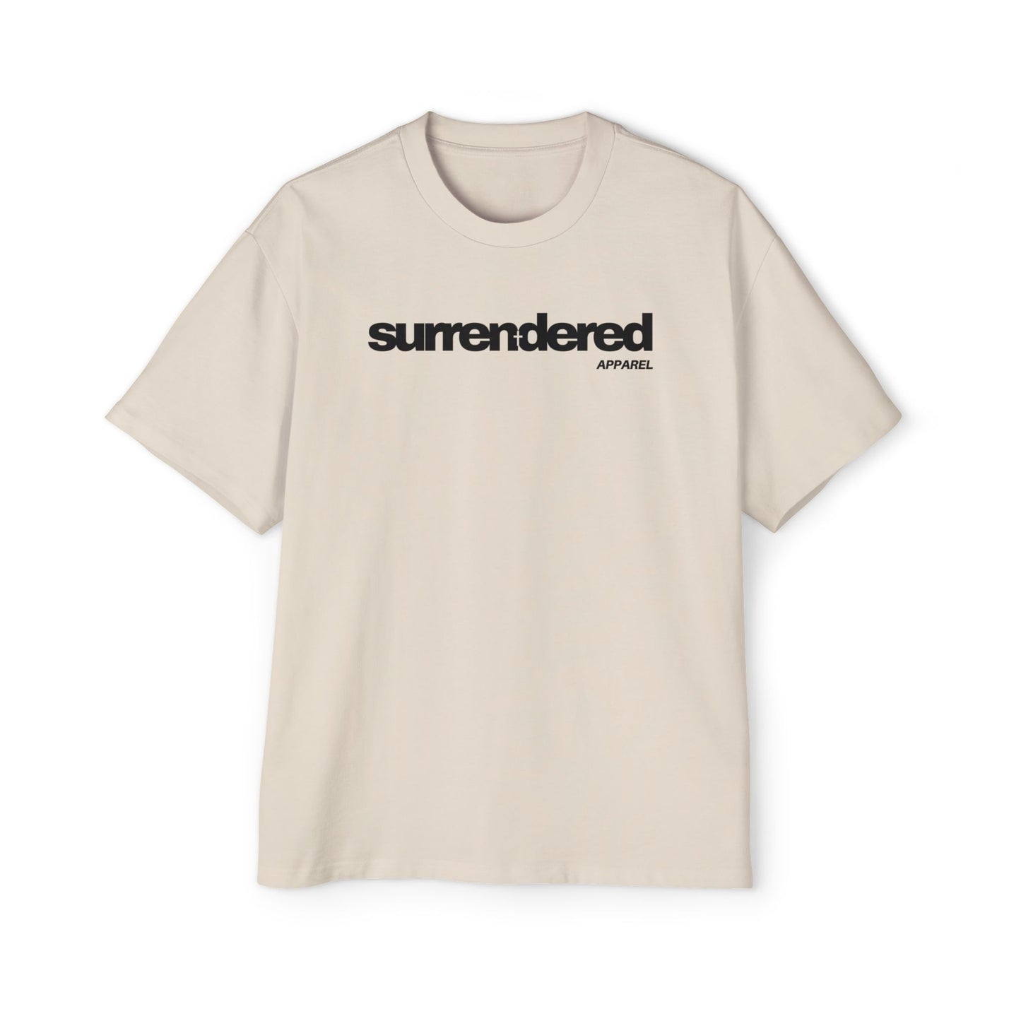 Cream Surrendered Apparel shirt. Surrendered apparel logo written across chest in black. Oversized style for a comfy fit