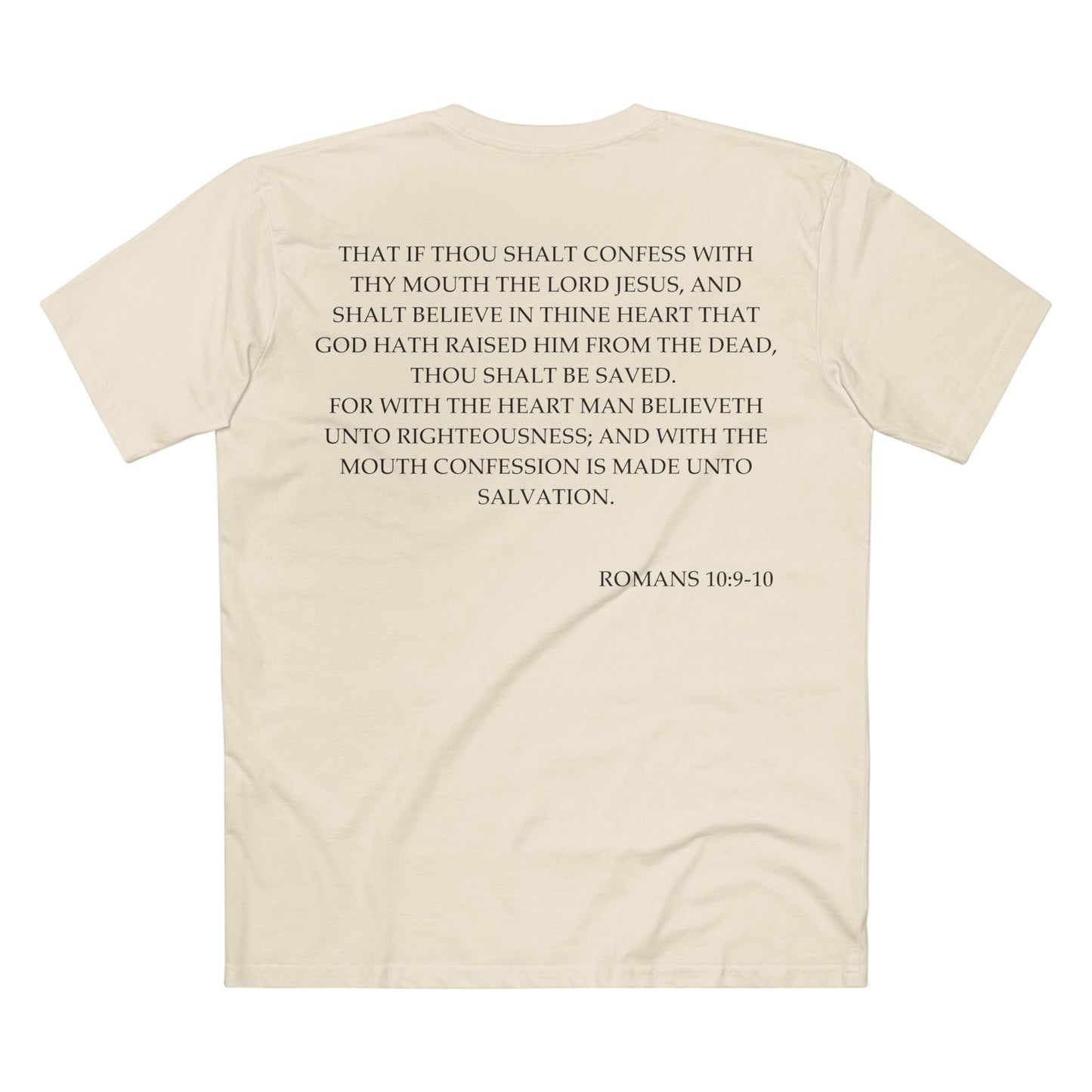 Back of Surrendered Apparel cream Christian T-shirt featuring the Bible verse Romans 10:9-10 in bold text, perfect for sharing faith and Jesus