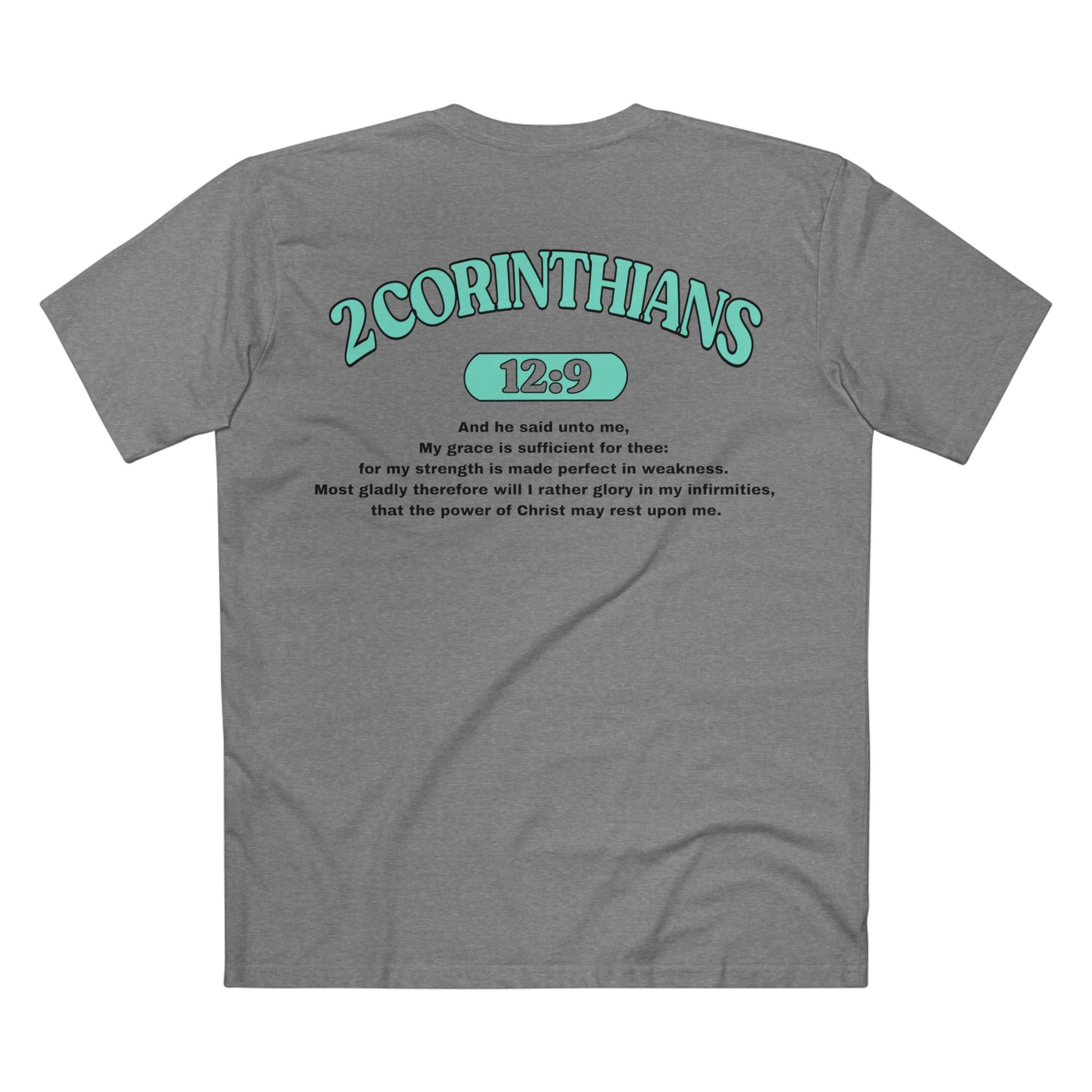 Back of Surrendered Apparel grey Christian T-shirt featuring the Bible verse 2 Corinthians 12:9 in bold text, perfect for sharing faith and Jesus