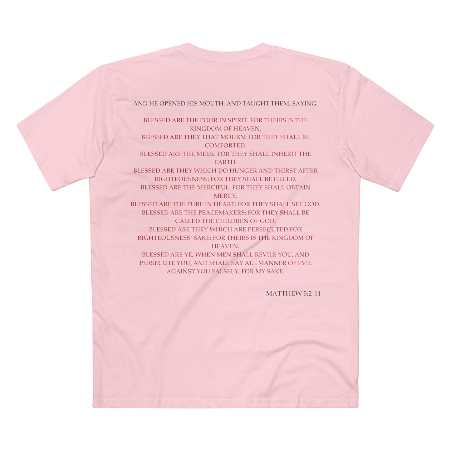 Back of Surrendered Apparel pink Christian T-shirt featuring the Bible verse Matthew 5:2-11 in bold text, perfect for sharing faith and Jesus