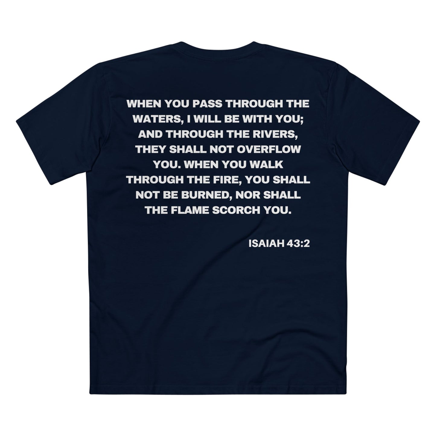 Back of Surrendered Apparel navy Christian T-shirt featuring the Bible verse Isaiah 43:2 in bold text, perfect for sharing faith and Jesus