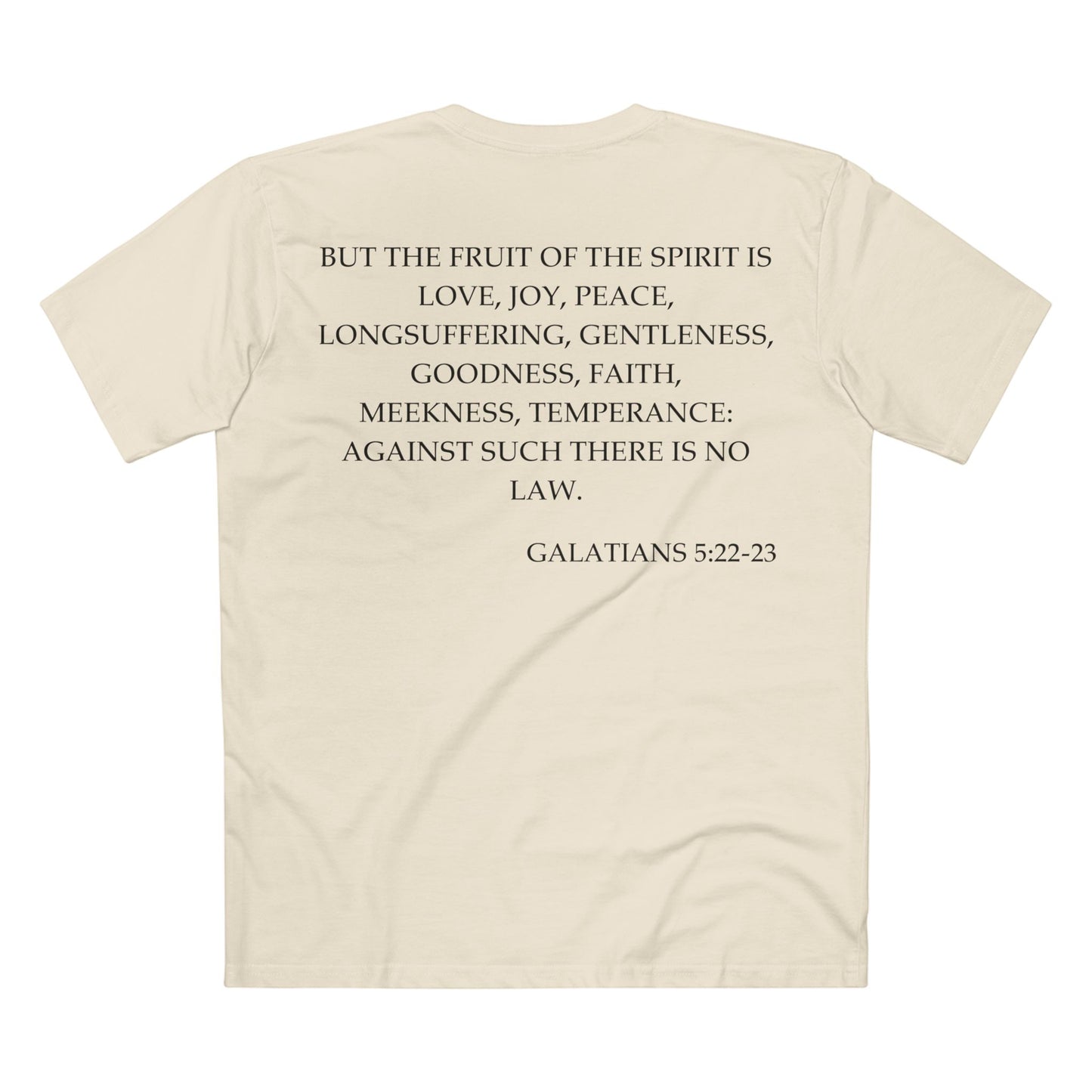 Back of Surrendered Apparel cream Christian T-shirt featuring the Bible verse Galatians 5:22-23 in bold text, perfect for sharing faith and Jesus