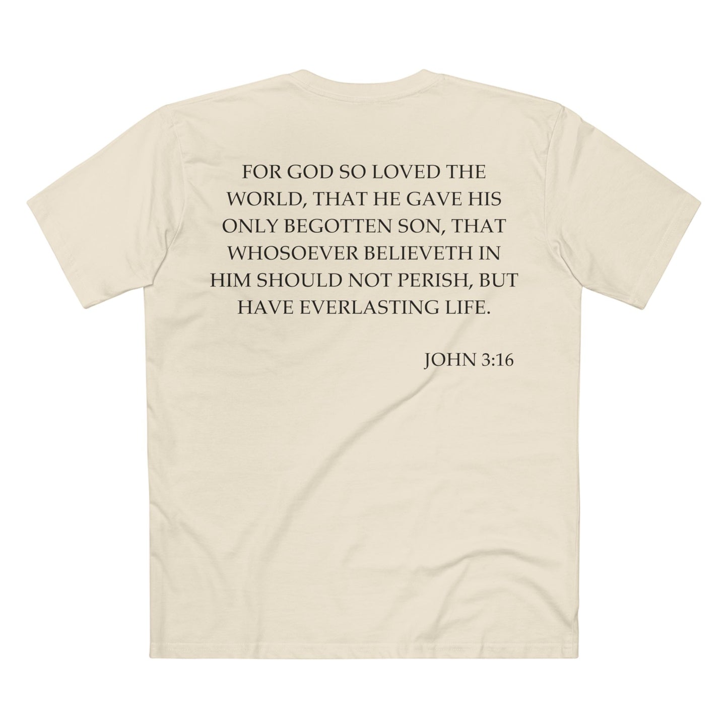 Back of Surrendered Apparel cream Christian T-shirt featuring the Bible verse John 3:16 in bold text, perfect for sharing faith and Jesus