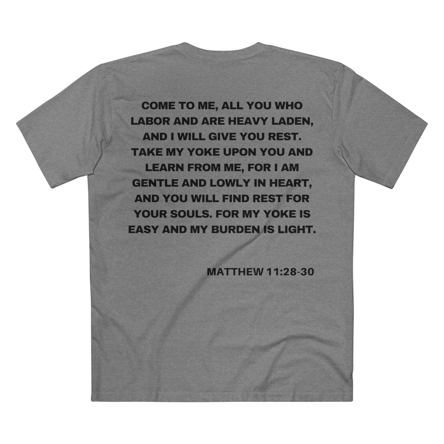 Back of Surrendered Apparel grey Christian T-shirt featuring the Bible verse Matthew 11:28-30 in bold text, perfect for sharing faith and Jesus