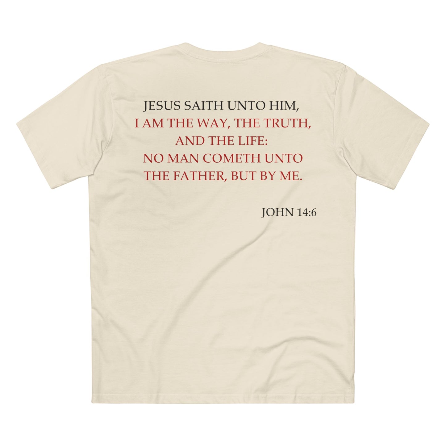 Back of Surrendered Apparel cream Christian T-shirt featuring the Bible verse John 14:6 in bold text, perfect for sharing faith and Jesus