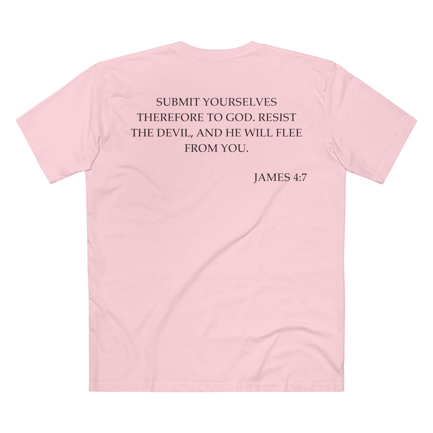 Back of Surrendered Apparel pink Christian T-shirt featuring the Bible verse James 4:7 in bold text, perfect for sharing faith and Jesus