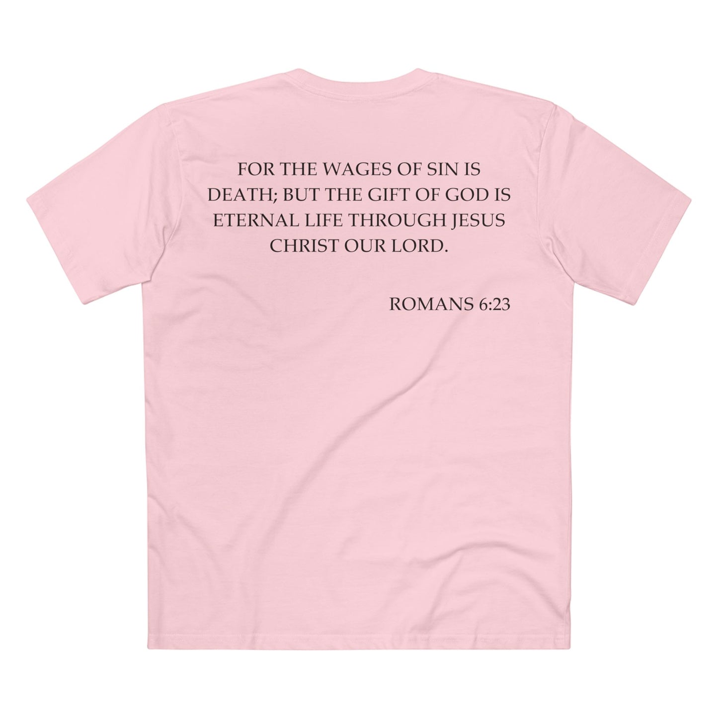 Back of Surrendered Apparel pink Christian T-shirt featuring the Bible verse Romans 6:23 in bold text, perfect for sharing faith and Jesus