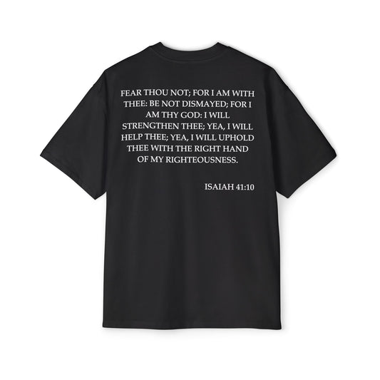 Back of Surrendered Apparel black oversized Christian T-shirt featuring the Bible verse Isaiah 41:10 in bold white text, providing a cozy fit perfect for cooler days and sharing faith.